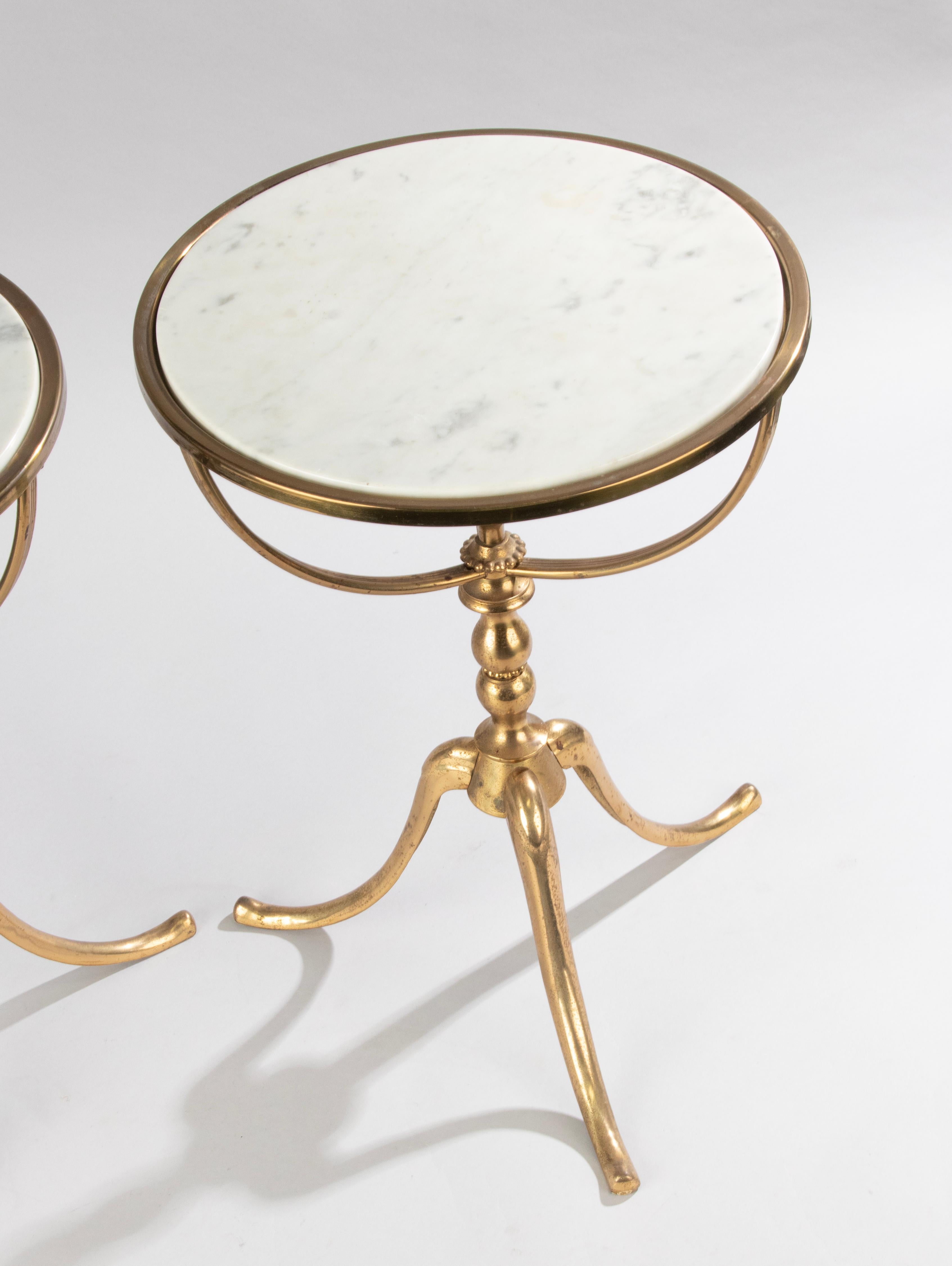 A Pair Mid 20th Century Brass Colored Tripod Side Tables - Marble Tops For Sale 2