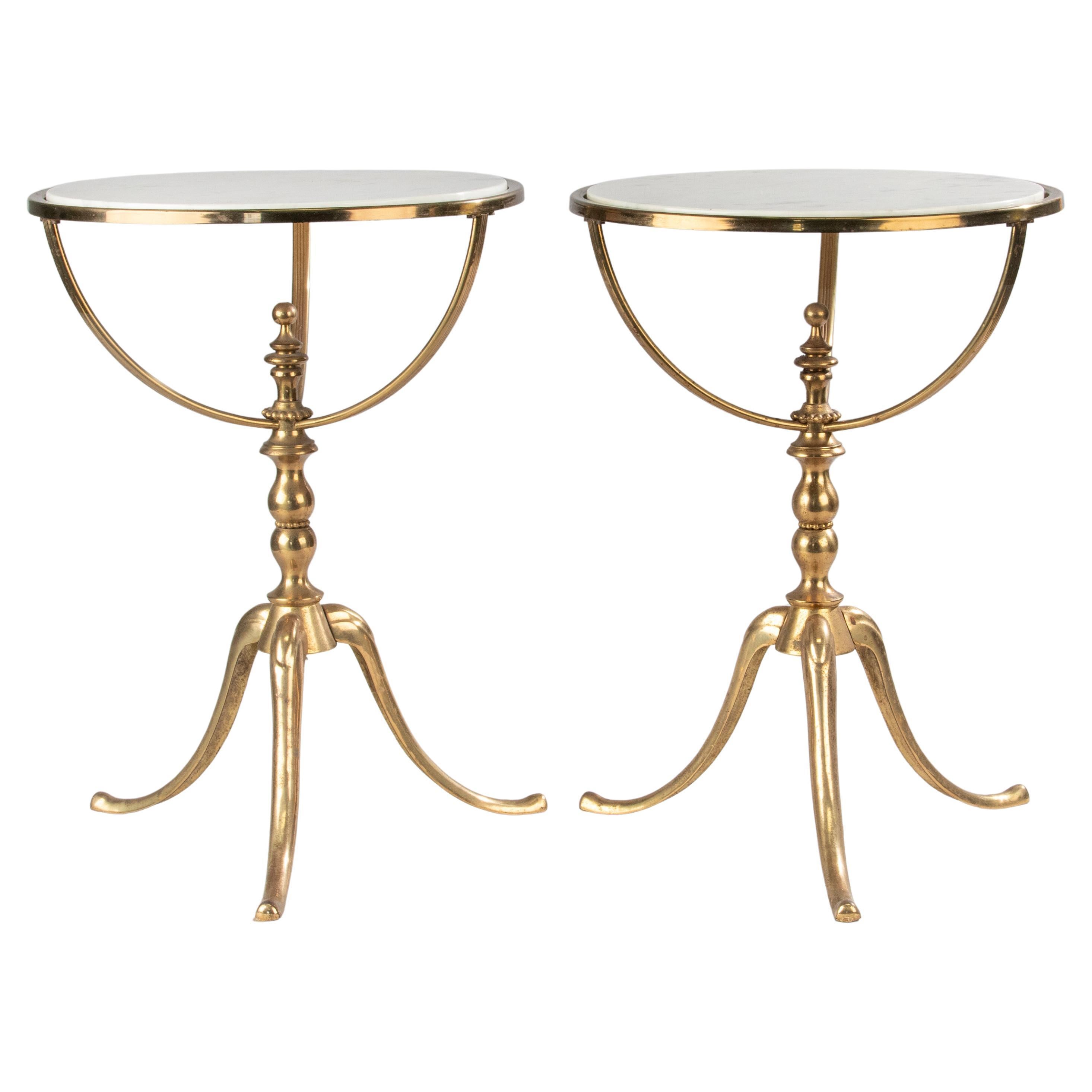 A Pair Mid 20th Century Brass Colored Tripod Side Tables - Marble Tops
