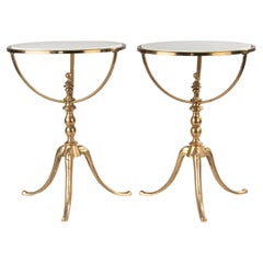 Vintage A Pair Mid 20th Century Brass Colored Tripod Side Tables - Marble Tops