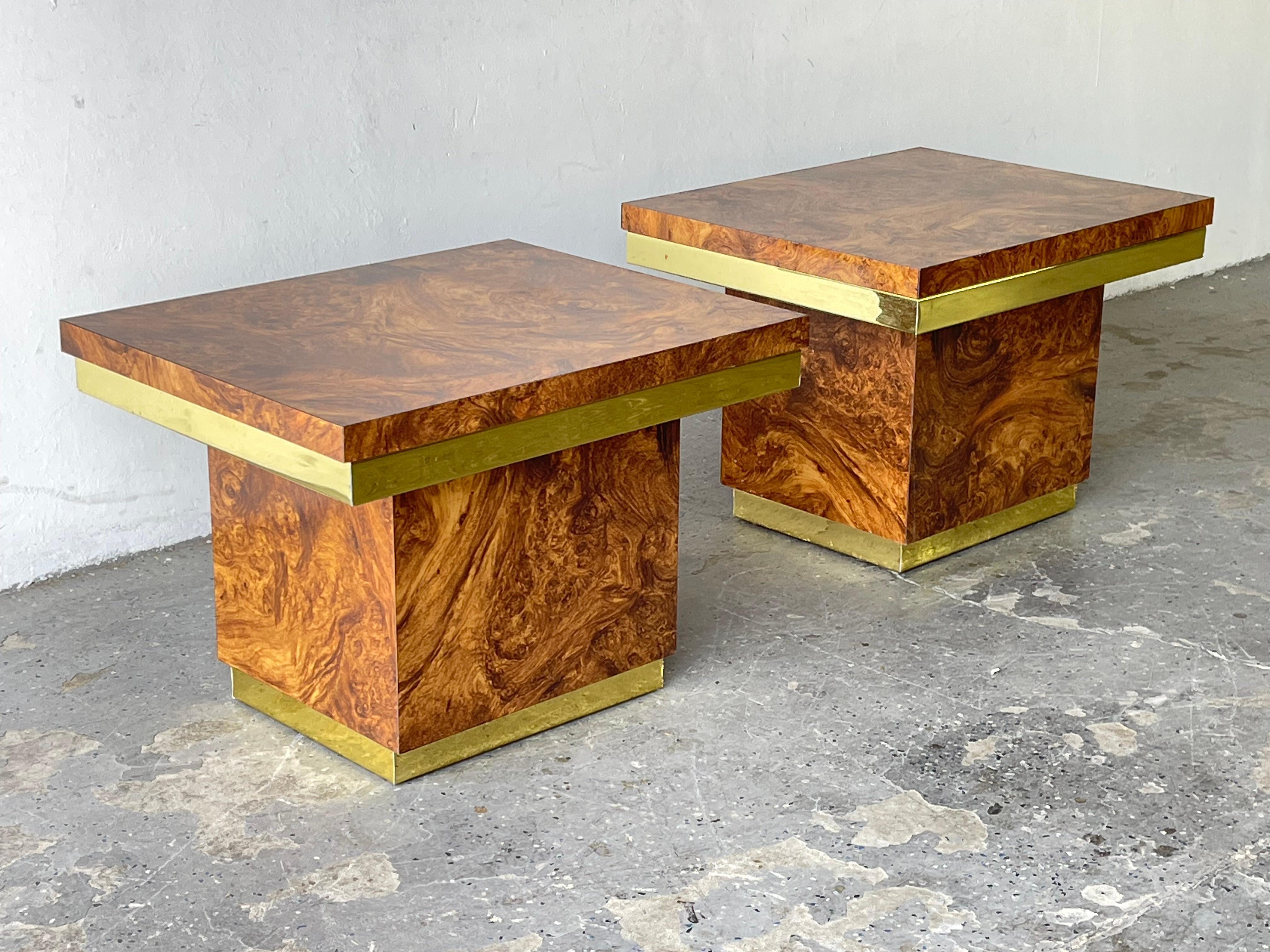 Modern Pair Midcentury Brass and Burl Wood Laminate Side End Tables