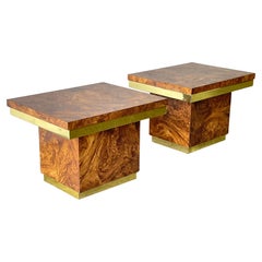Pair Midcentury Brass and Burl Wood Laminate Side End Tables