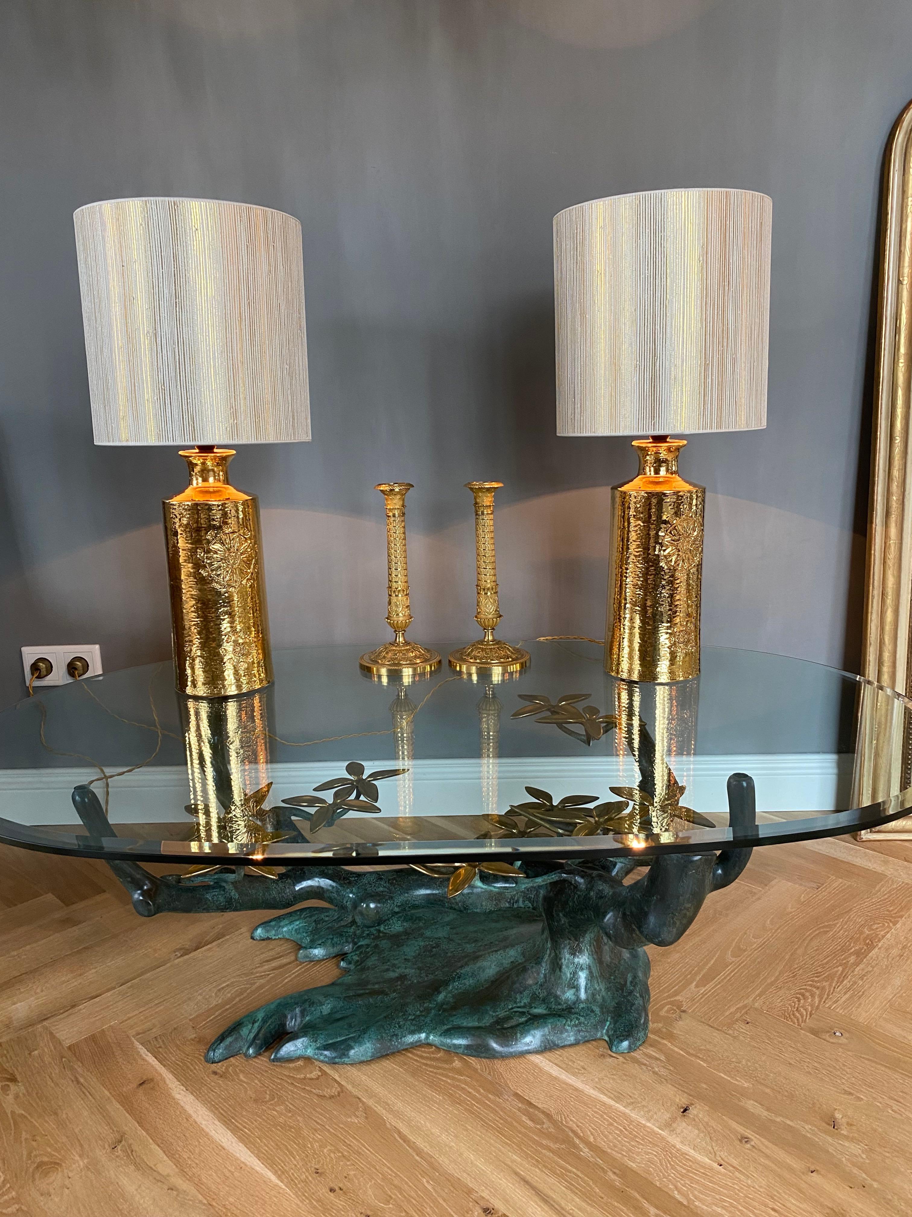 Very beautiful & chique pair ceramic table lamps designed by Bitossi for Bergboms- Sweden.
These fabulous lamps are gilt glazed with a flower decor at the front.
Period- ca. 1960-1970
Place of origin- Italy/ Sweden
Labeled at the bottom
Including