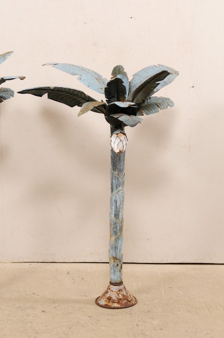 Pair of Midcentury Tropical Painted Metal Palm Tree Sculptures at