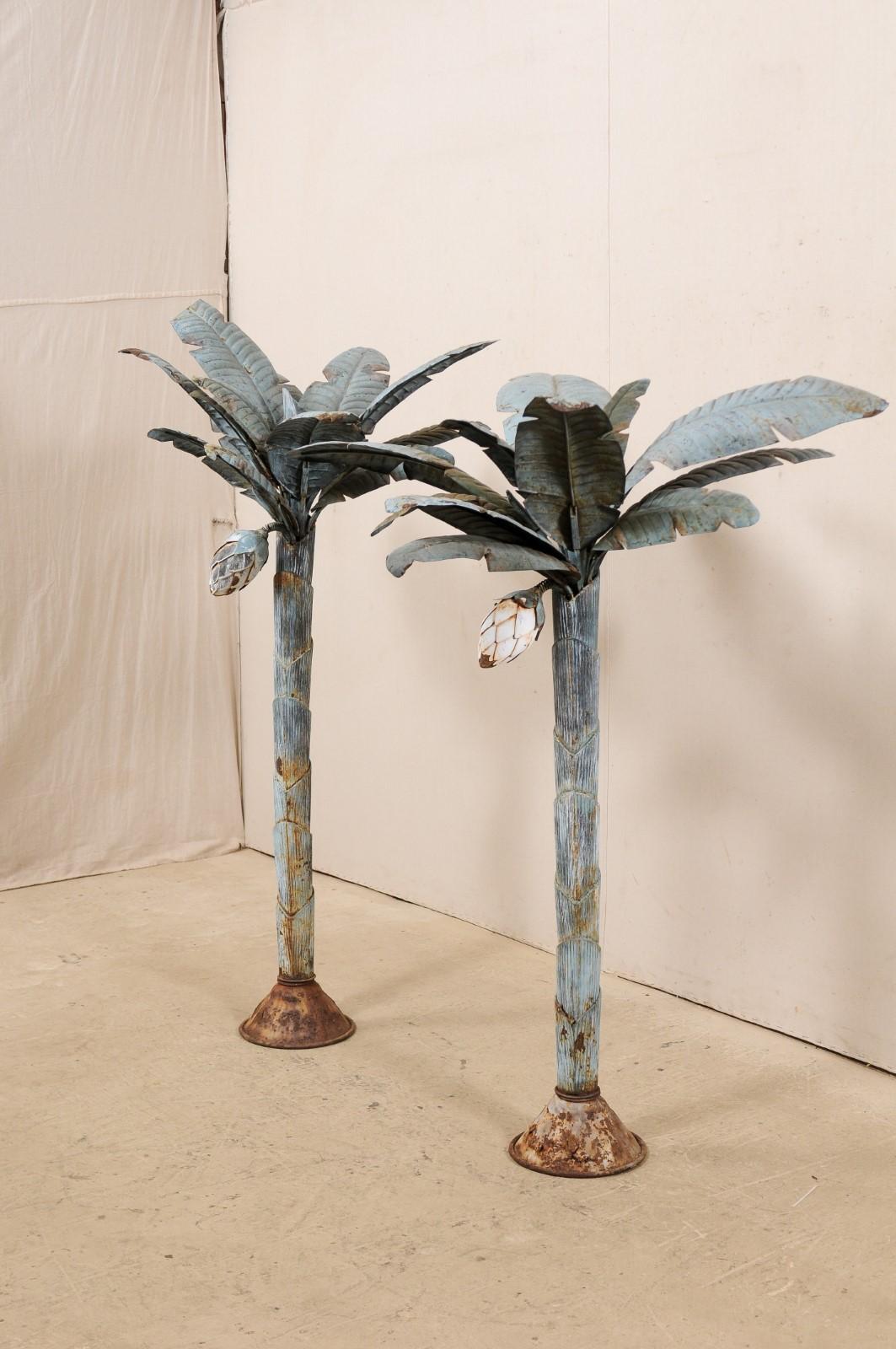 20th Century Pair of Midcentury Tropical Painted Metal Palm Tree Sculptures