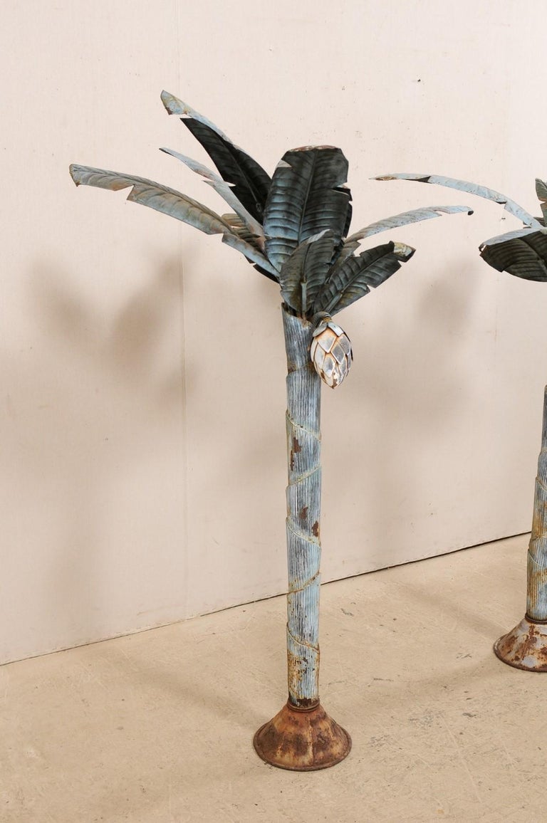 Pair of Midcentury Tropical Painted Metal Palm Tree Sculptures at