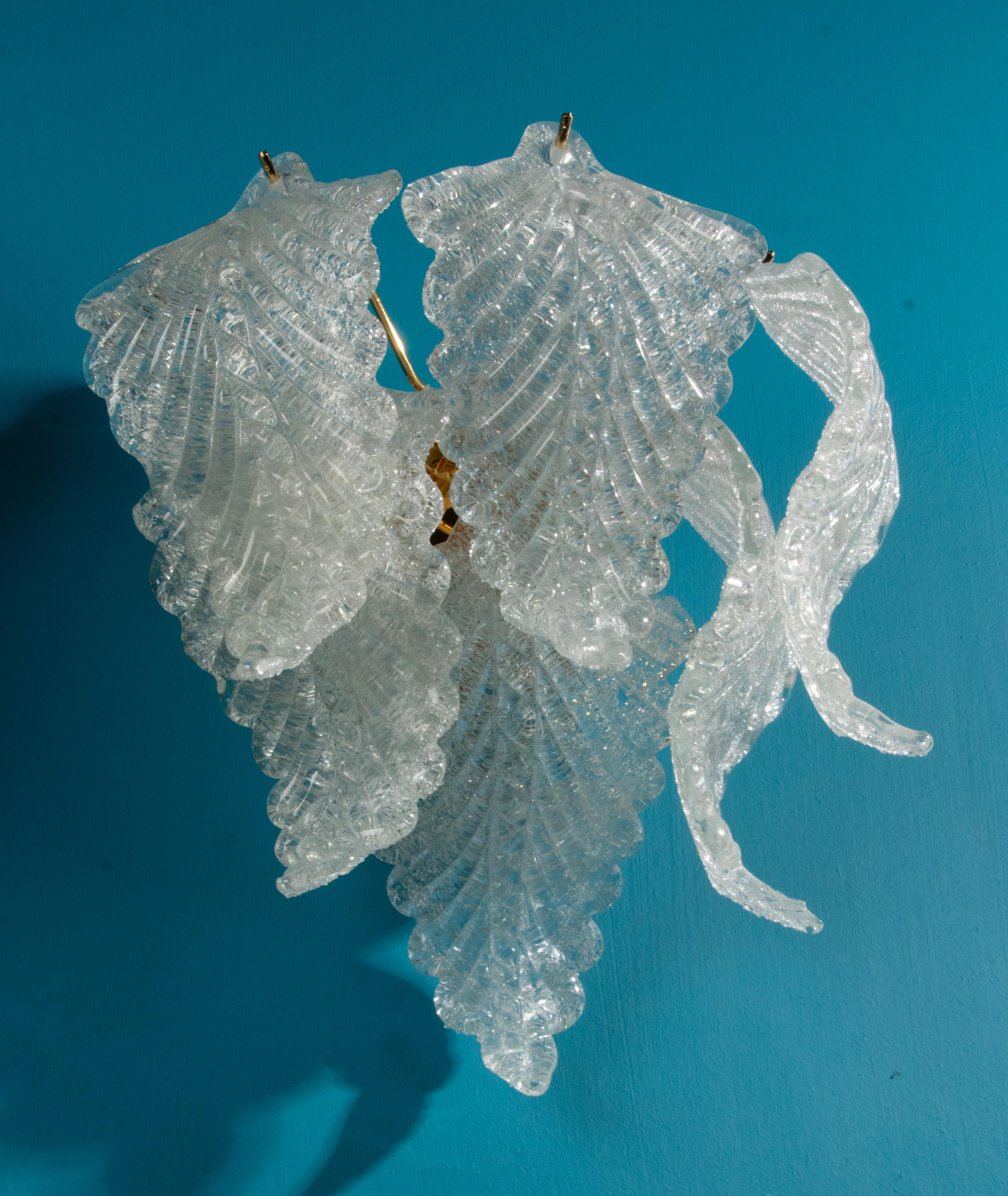 A Pair Mid-Century Wall Sconces Murano Leaf Shaped Shades - Industria Veneziana For Sale 4