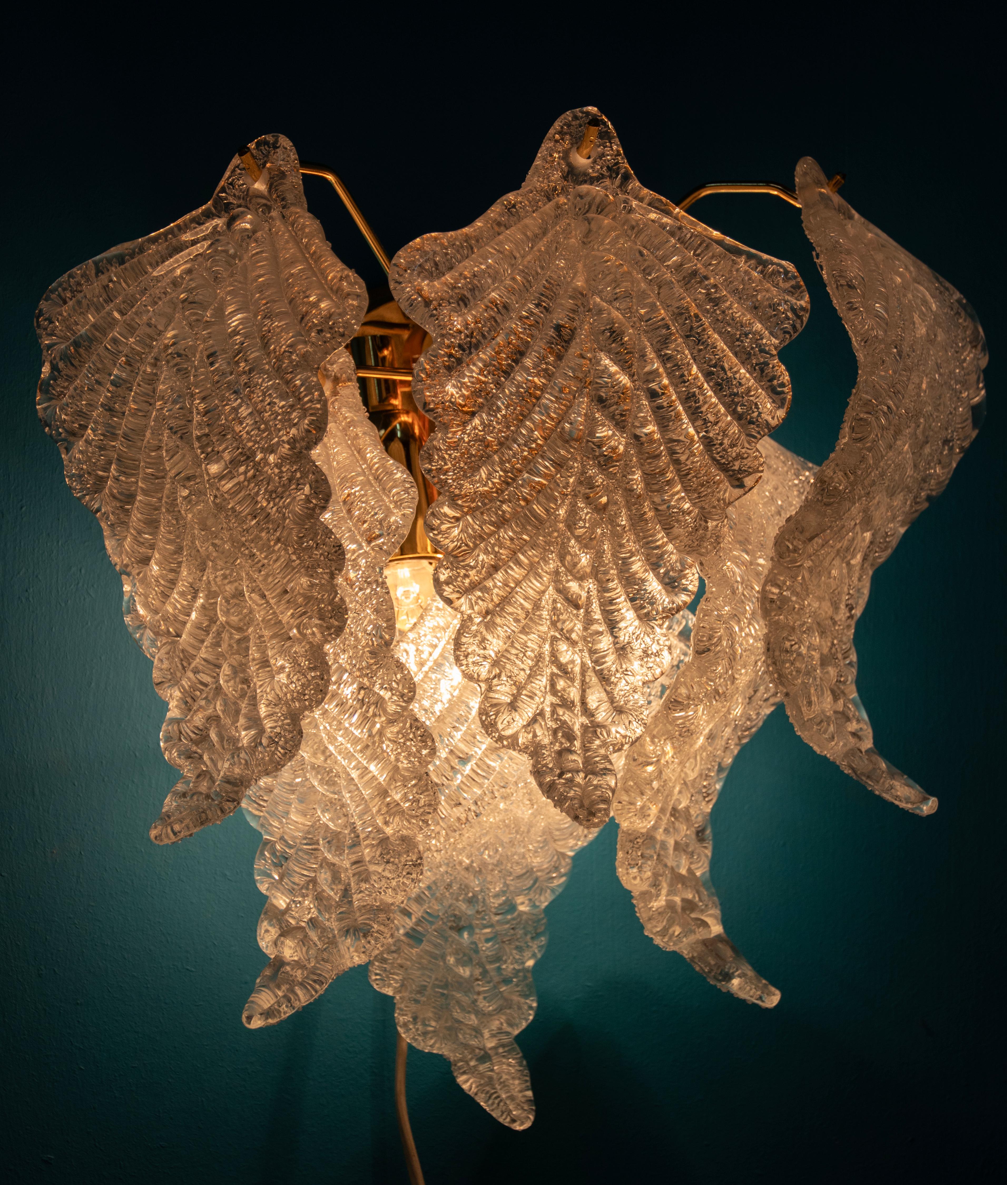 A Pair Mid-Century Wall Sconces Murano Leaf Shaped Shades - Industria Veneziana For Sale 6