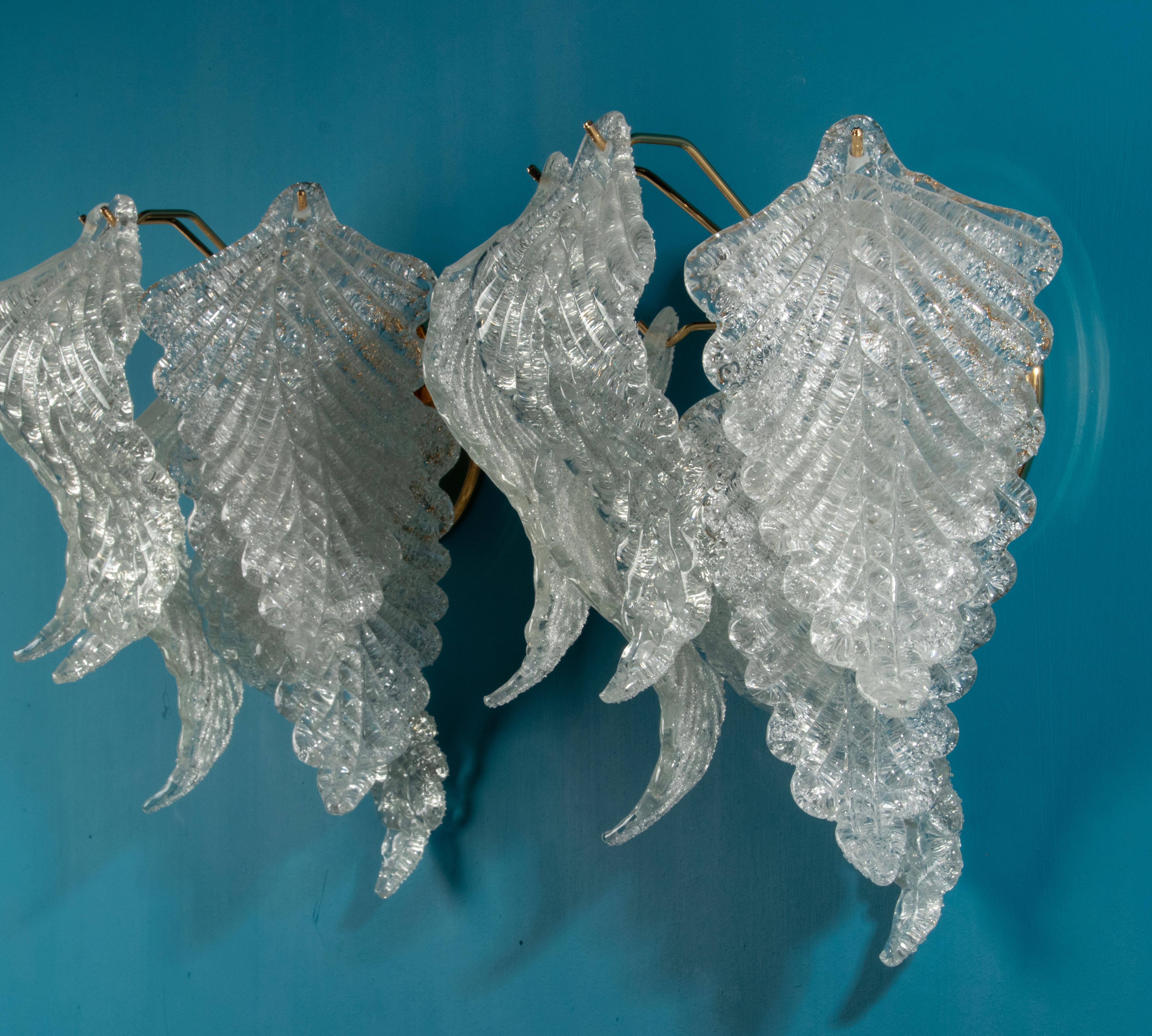 Metal A Pair Mid-Century Wall Sconces Murano Leaf Shaped Shades - Industria Veneziana For Sale