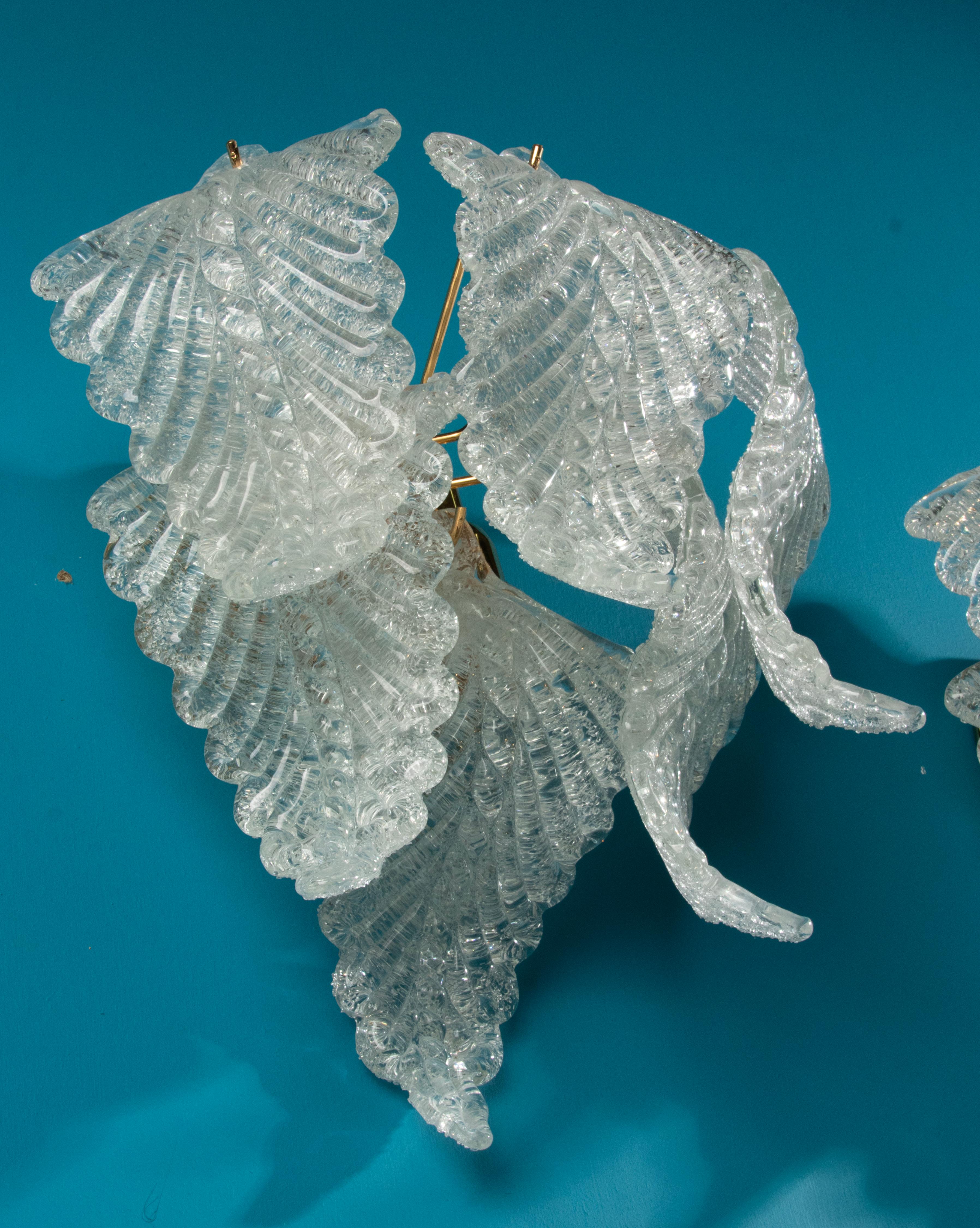 A Pair Mid-Century Wall Sconces Murano Leaf Shaped Shades - Industria Veneziana For Sale 2