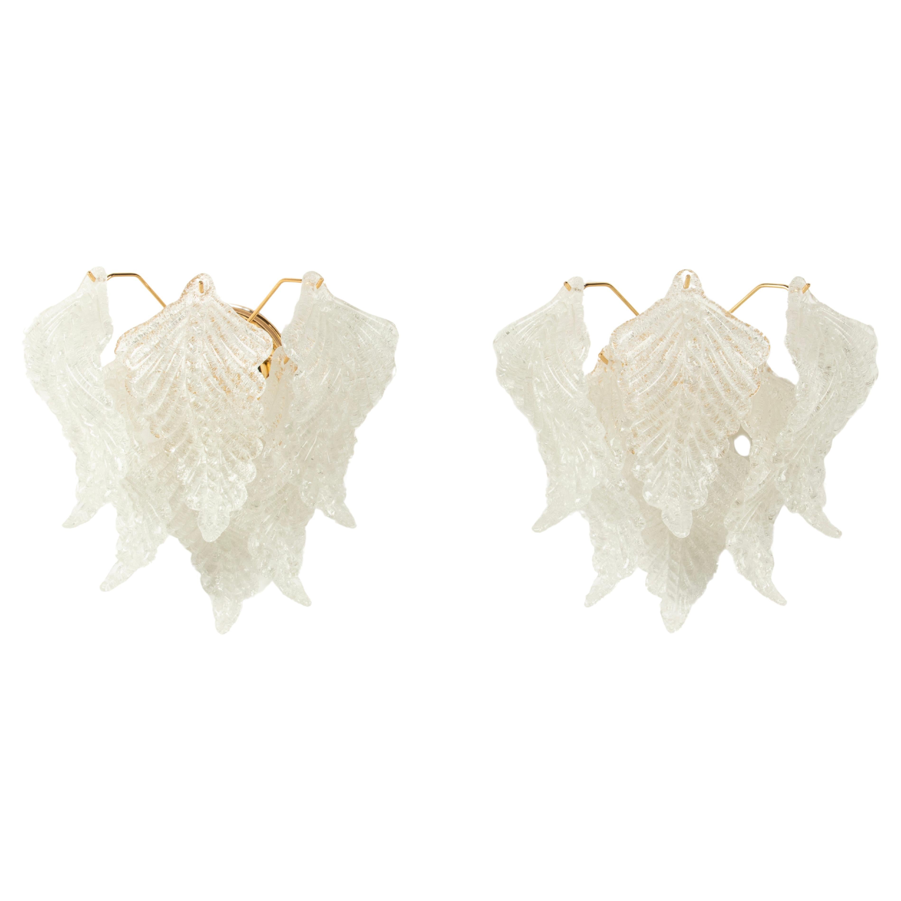A Pair Mid-Century Wall Sconces Murano Leaf Shaped Shades - Industria Veneziana For Sale