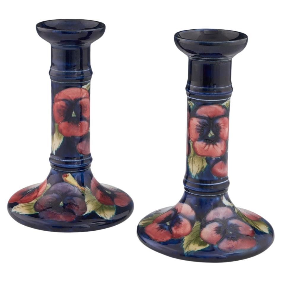 Pair of Tall William Moorcroft Poppy Patterned Art Pottery Candlesticks