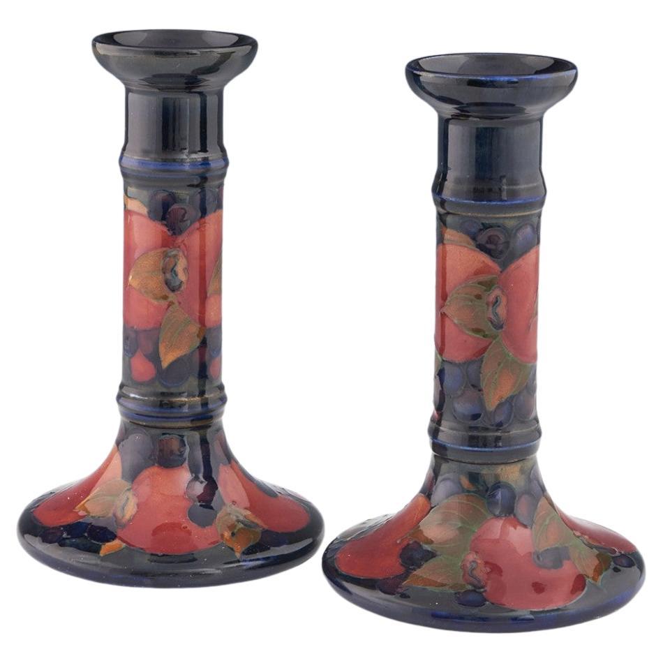 Pair of Tall William Moorcroft Poppy Patterned Art Pottery Candlesticks