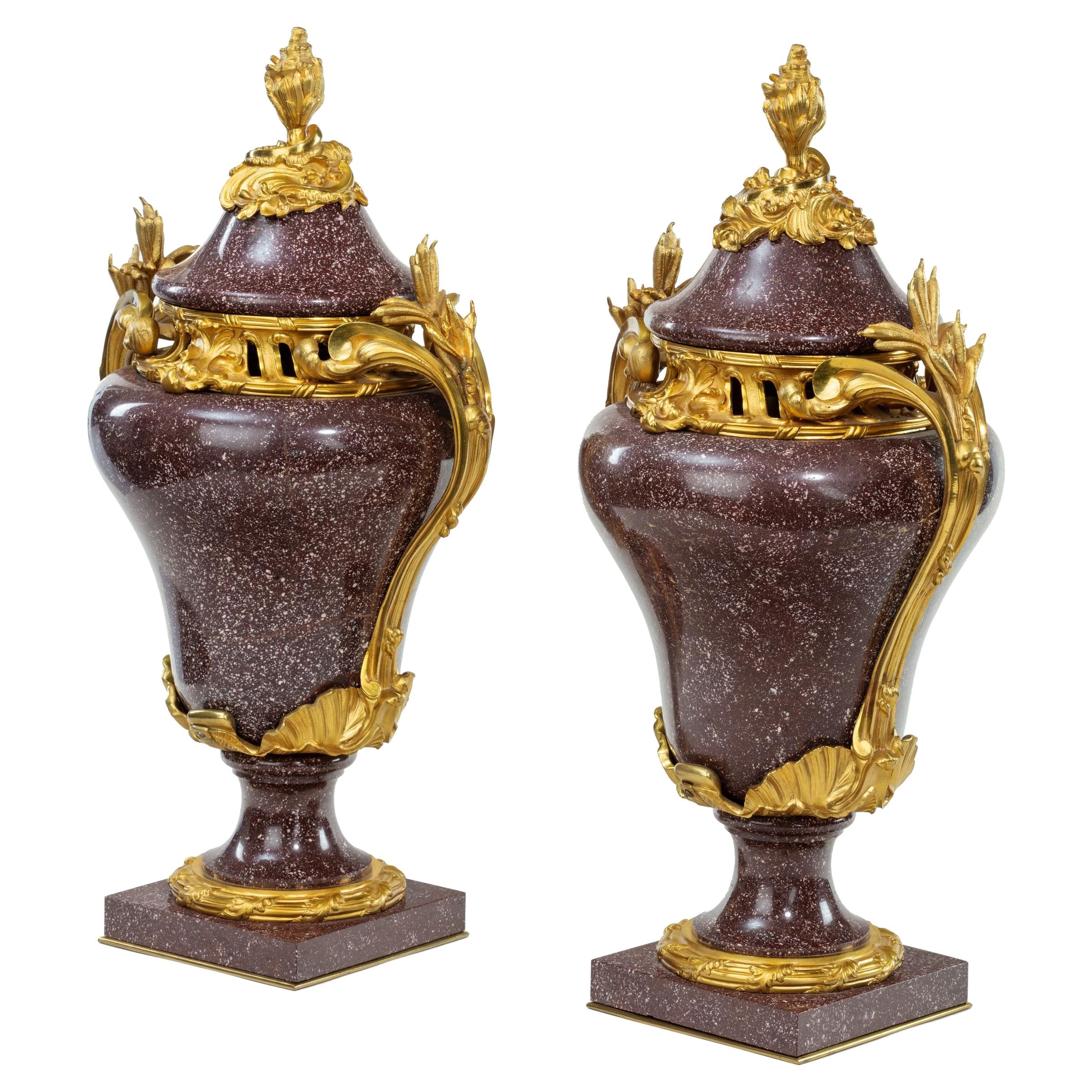 Pair Napoleon III Egyptian Imperial Porphyry Urns and Covers