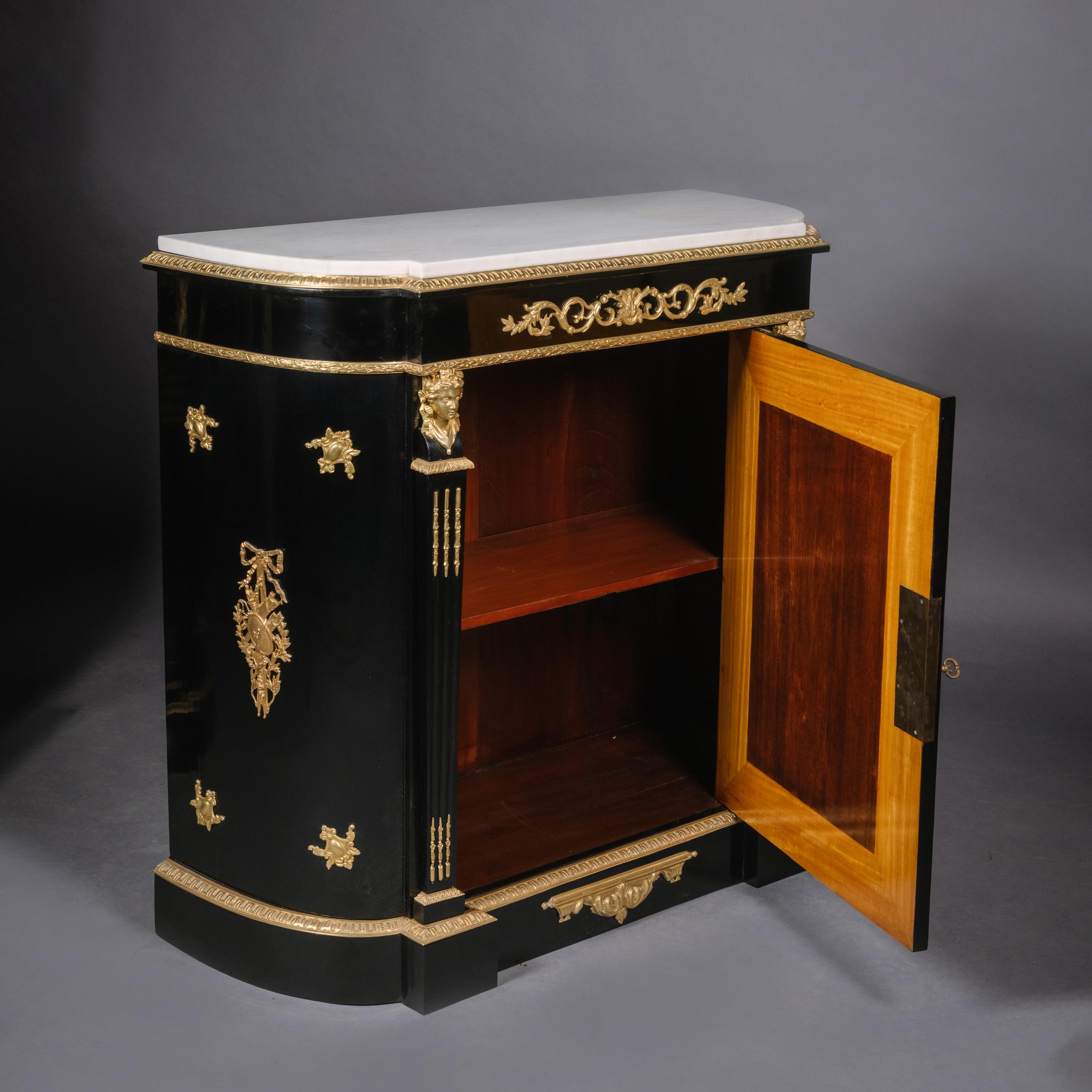 French Pair Napoleon III Gilt-Bronze and Porcelain-Mounted Ebonised Cabinets For Sale