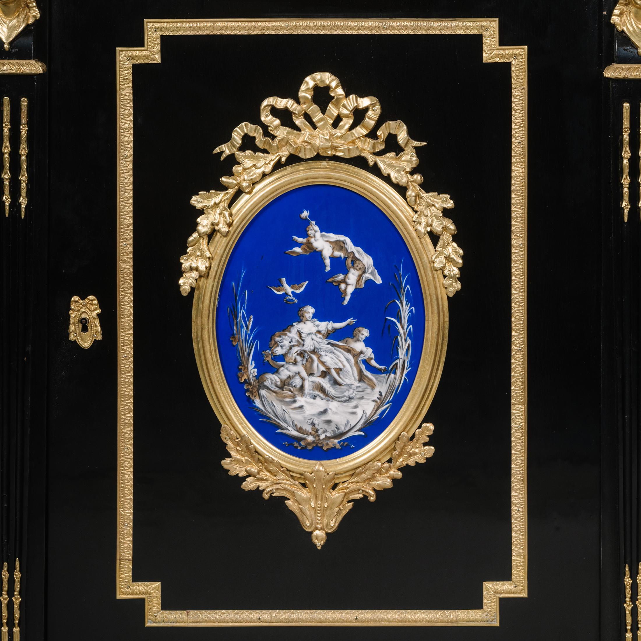Pair Napoleon III Gilt-Bronze and Porcelain-Mounted Ebonised Cabinets For Sale 1
