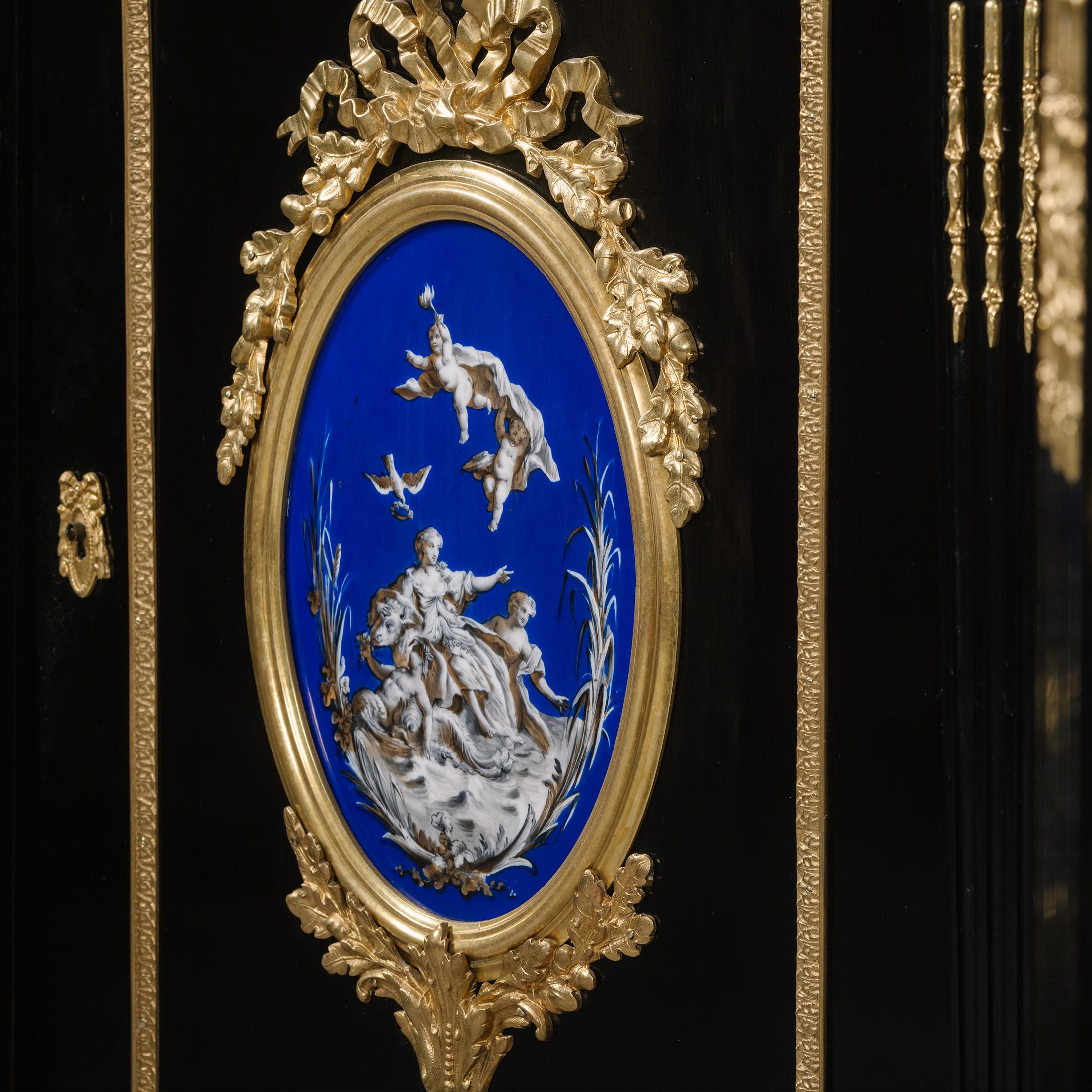 Pair Napoleon III Gilt-Bronze and Porcelain-Mounted Ebonised Cabinets For Sale 3