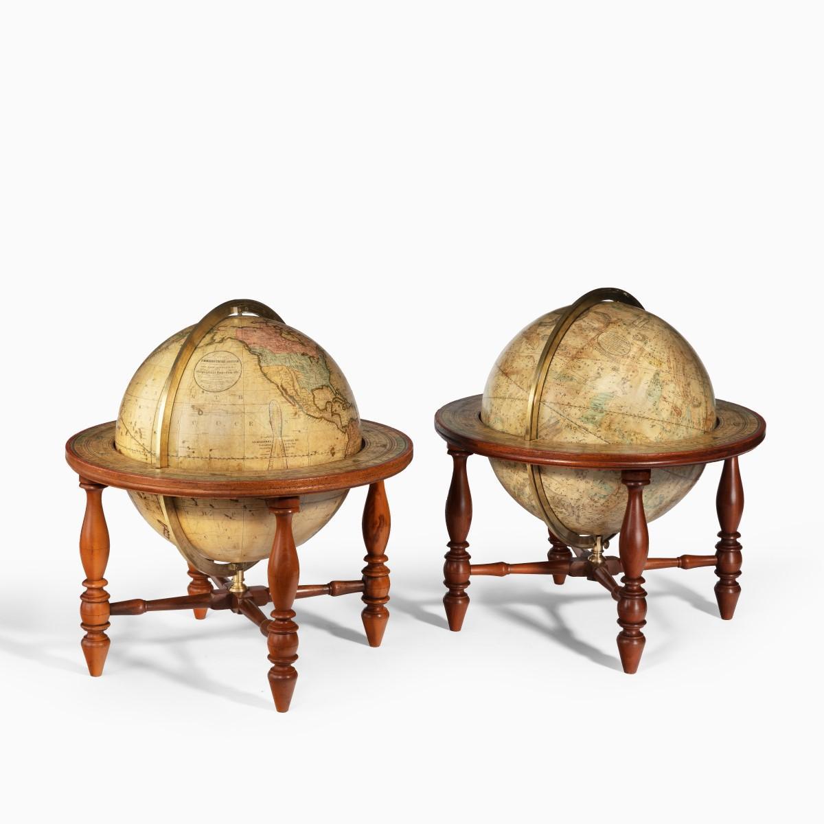 Fruitwood Pair of 12 Inch Table Globes by Josiah Loring Dated 1844 and 1841