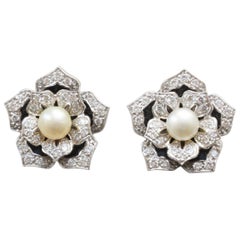 Pair of 14 Carat Gold Lotus Earrings with Diamond, Pearls and Black Enamel