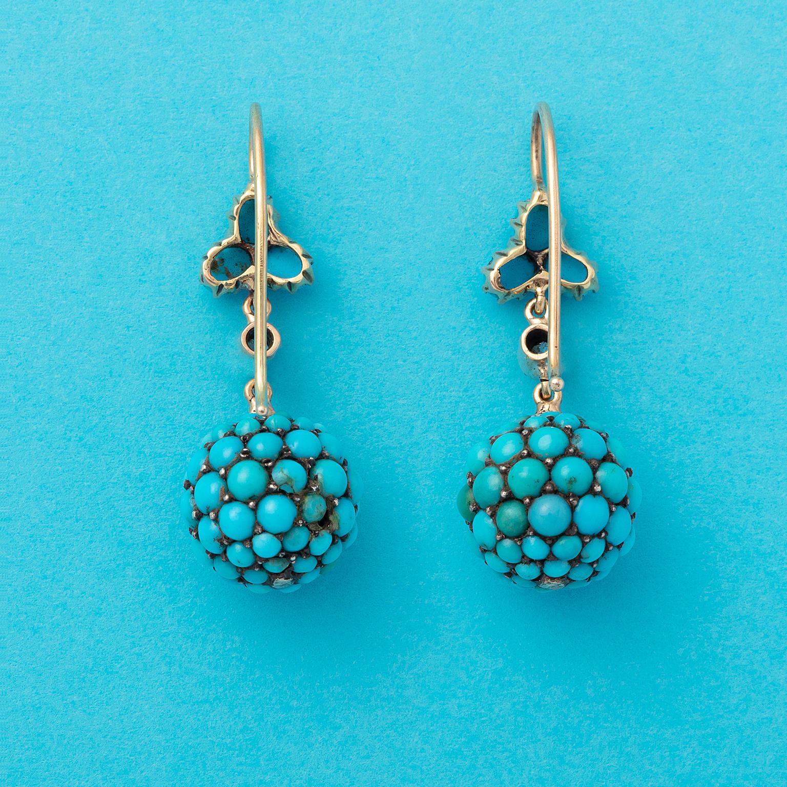 Victorian A Pair of 14 Carat Gold Turquoise and Diamond Ball Earrings For Sale