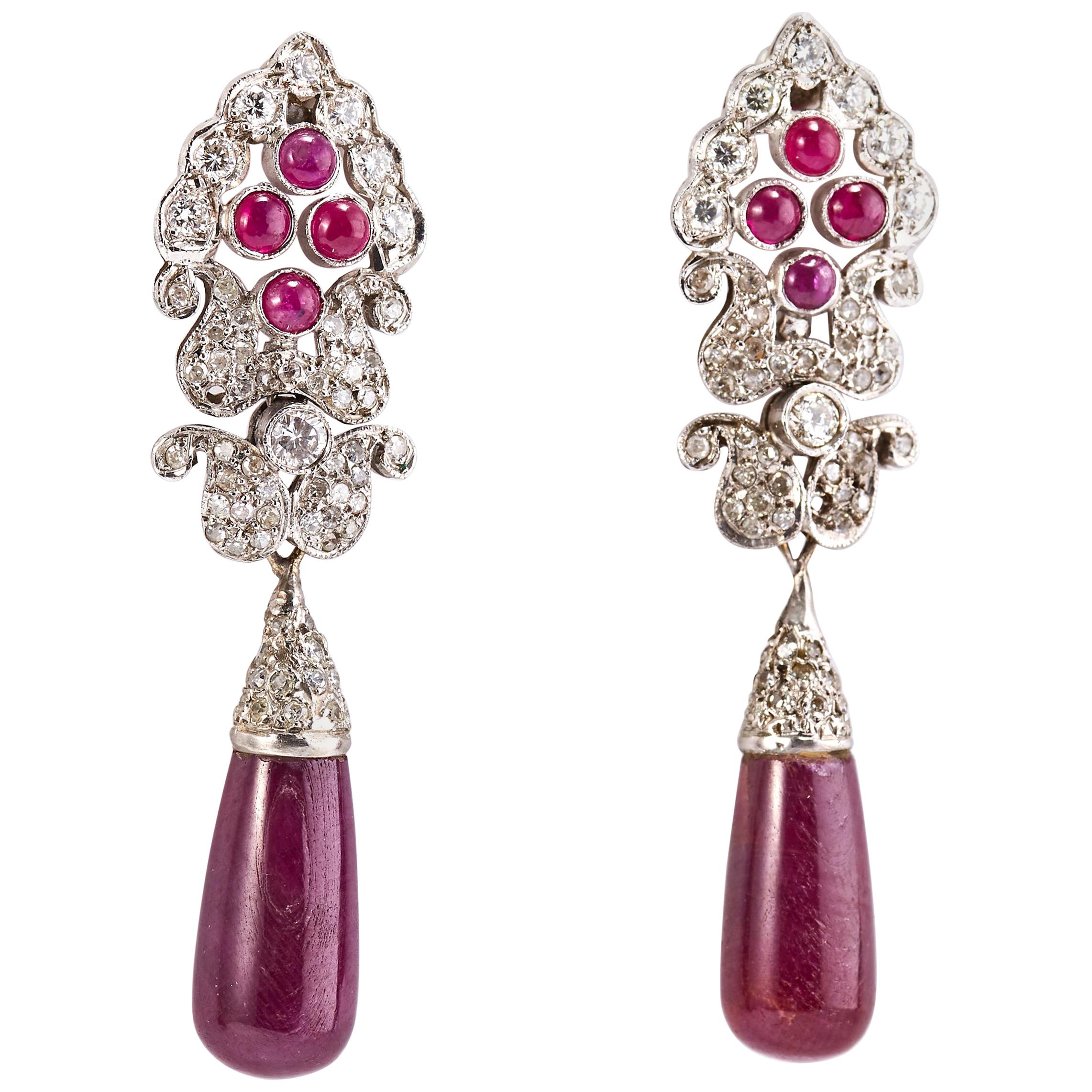 Pair of 14 Karat White Gold Earrings with Ruby and Diamonds