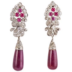 Vintage Pair of 14 Karat White Gold Earrings with Ruby and Diamonds