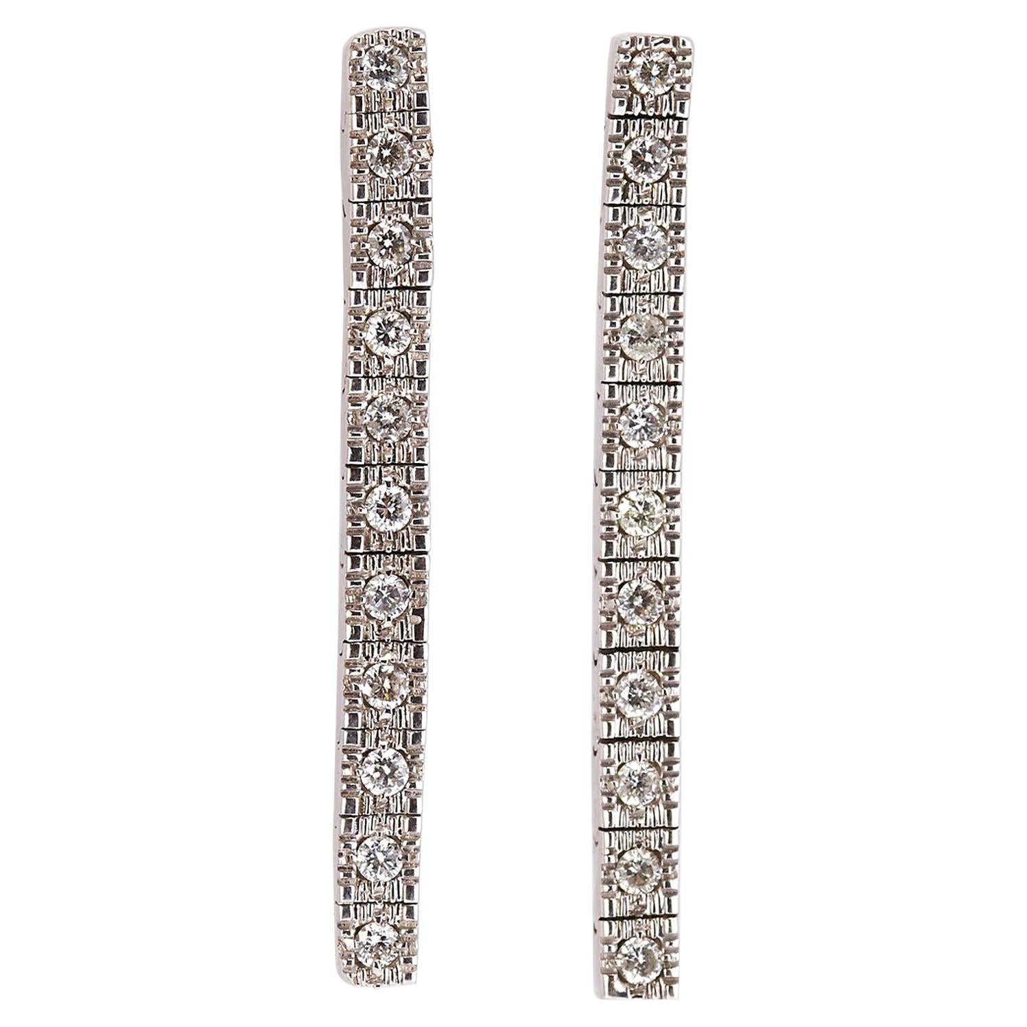 Pair of 14 Karat White Gold Row Diamond Drop Earrings For Sale