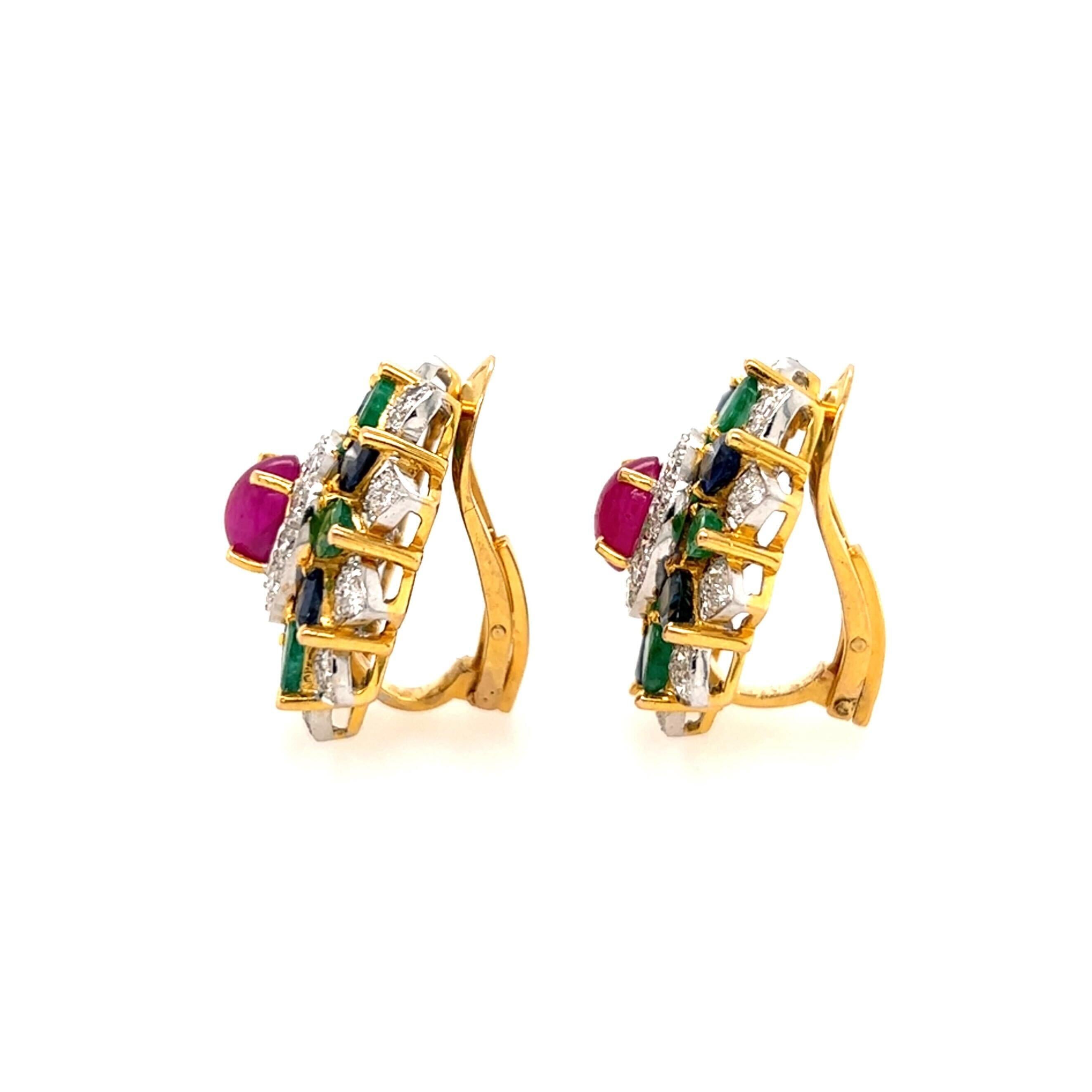 Round Cut Pair of 14 Karat Yellow Gold, Sapphire, Ruby, Emerald and Diamond Earrings