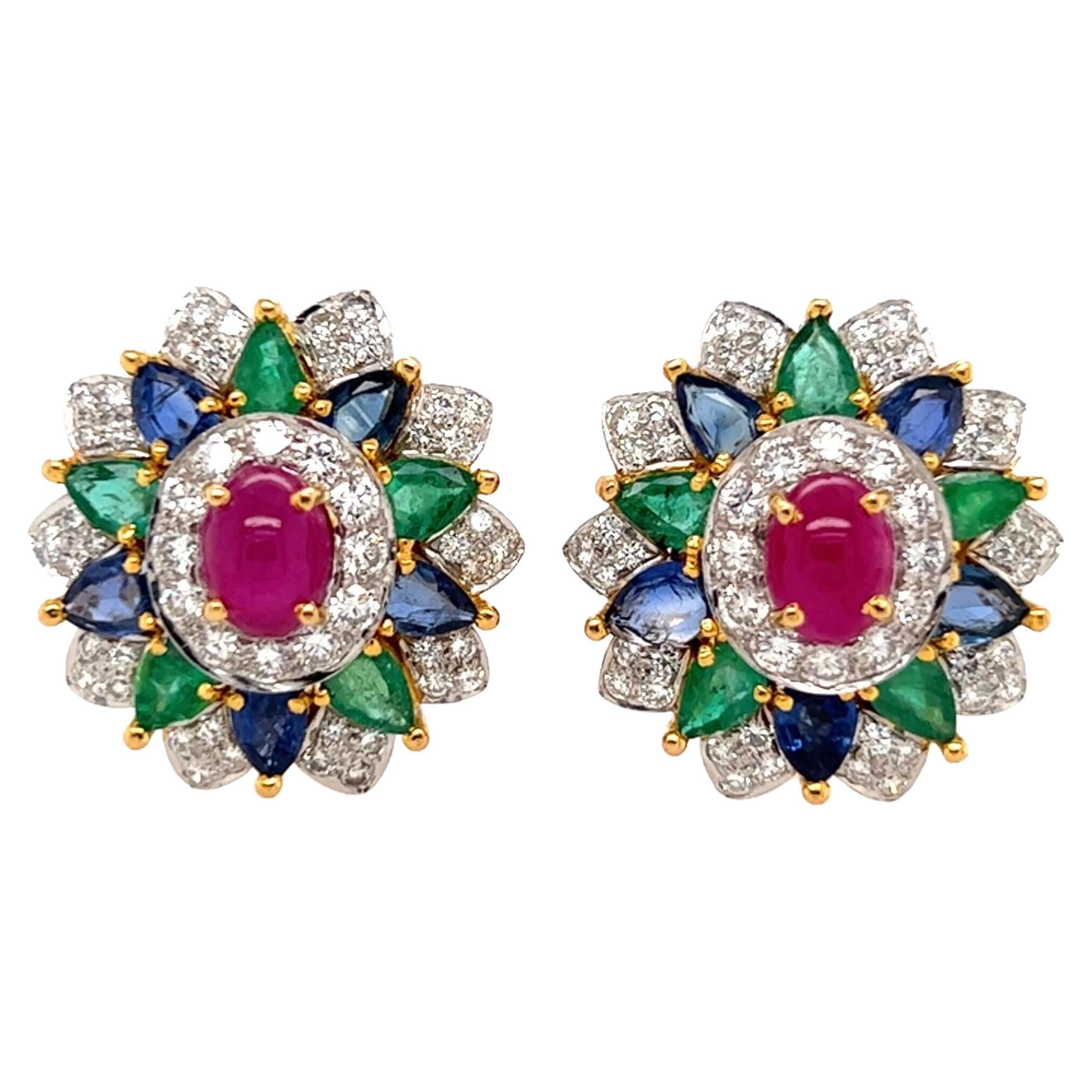 Pair of 14 Karat Yellow Gold, Sapphire, Ruby, Emerald and Diamond Earrings