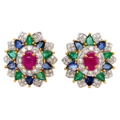 Pair of 14 Karat Yellow Gold, Sapphire, Ruby, Emerald and Diamond Earrings