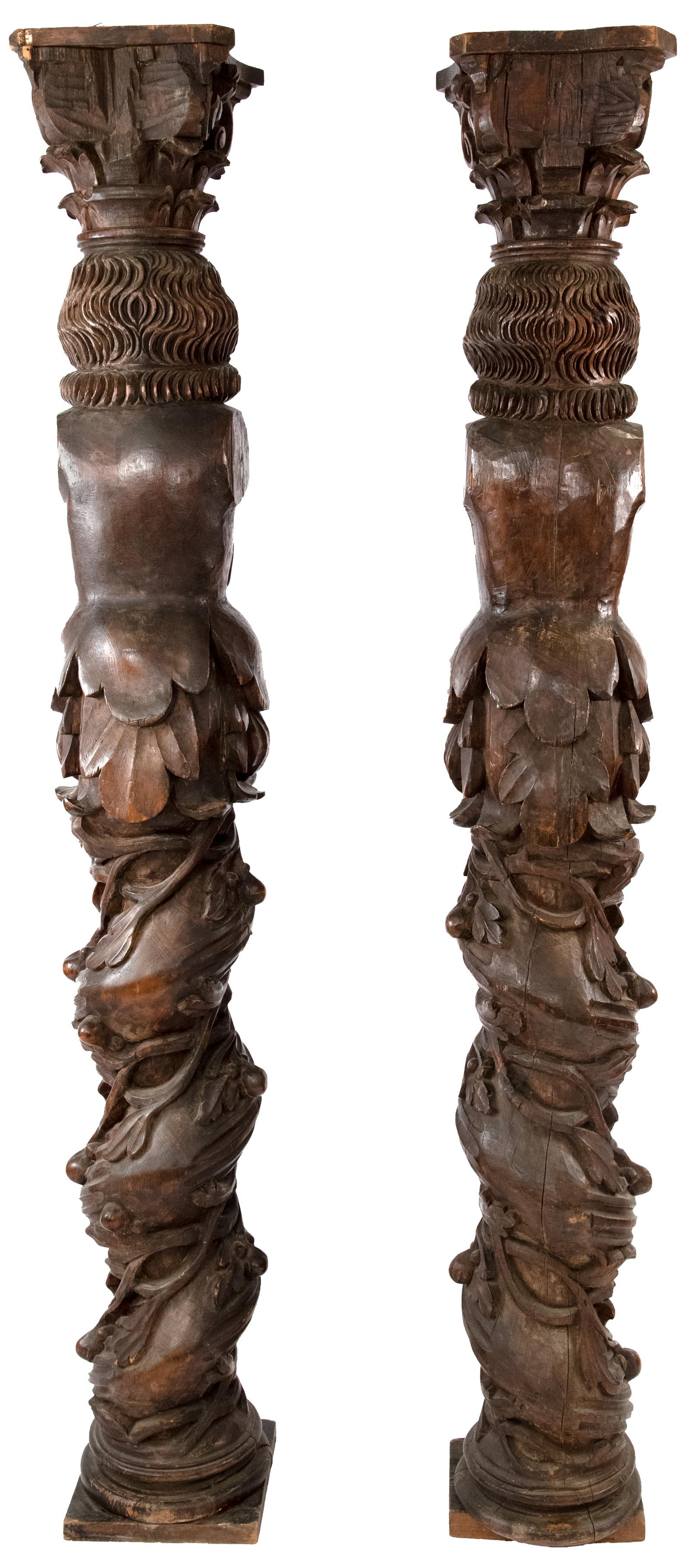 English Pair of 17th Century Carved Oak Figural Solomonic Columns