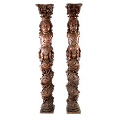 Pair of 17th Century Carved Oak Figural Solomonic Columns