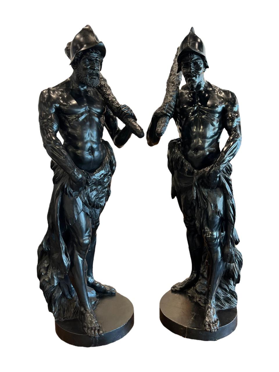 Pair of 17th Century Spanish Tall Ebonized Hand-Carved Wood Sculptures In Fair Condition For Sale In North Miami, FL