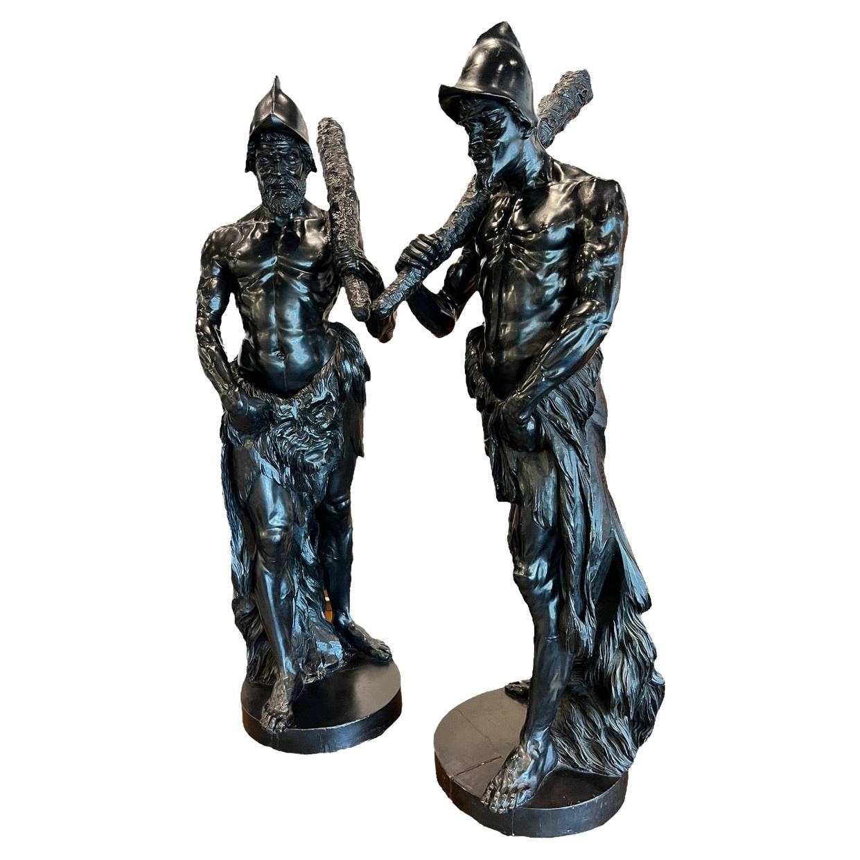Pair of 17th Century Spanish Tall Ebonized Hand-Carved Wood Sculptures For Sale