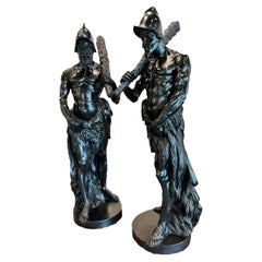 Antique Pair of 17th Century Spanish Tall Ebonized Hand-Carved Wood Sculptures
