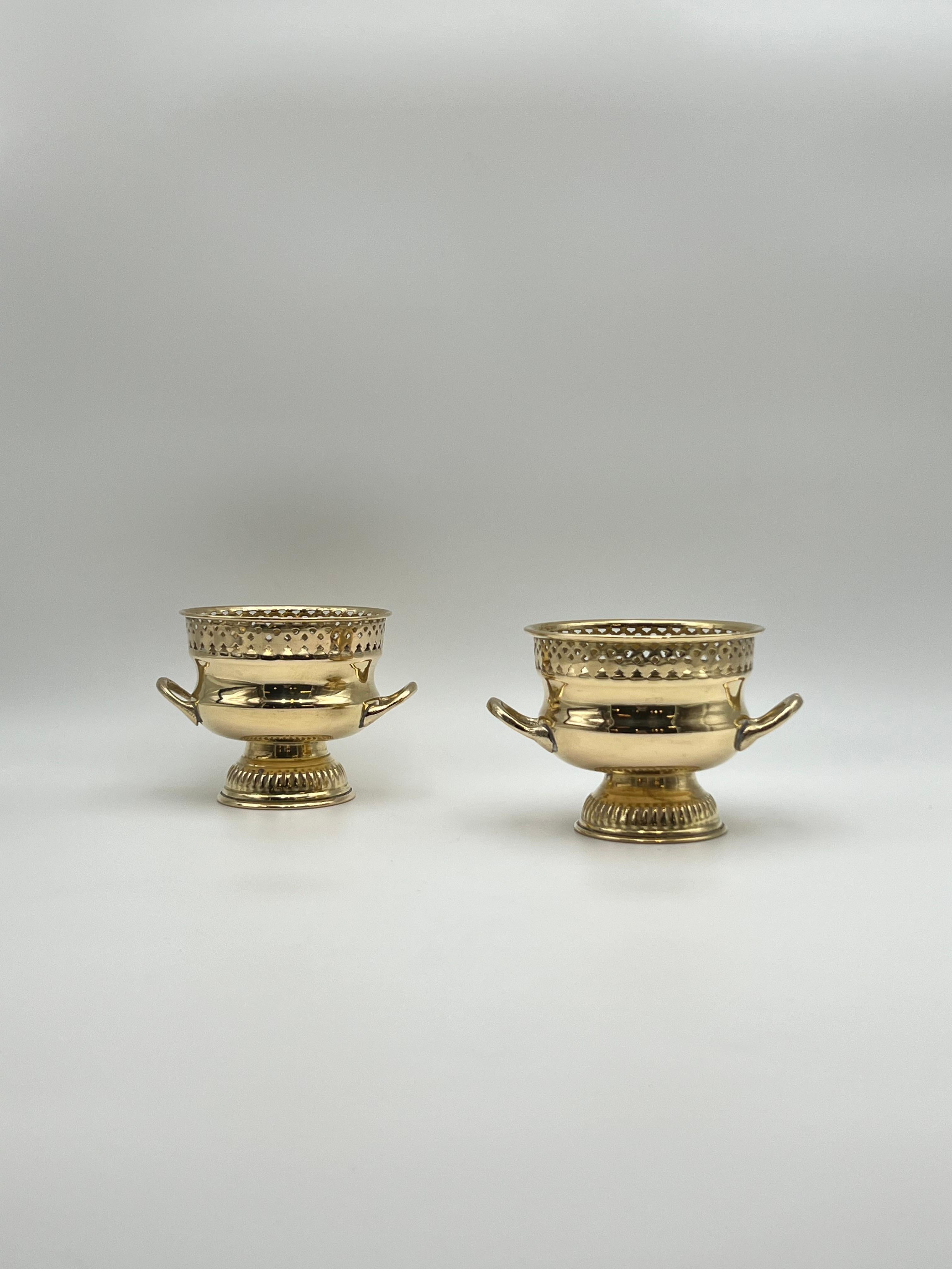 **Coppia di urne in ottone in stile Campana francese / stile Giorgio IV, dal 19° all'inizio del 20° secolo, piccole**  

Aggiungi un tocco di eleganza senza tempo al tuo spazio con questa raffinata coppia di urne in ottone francese, realizzate nei