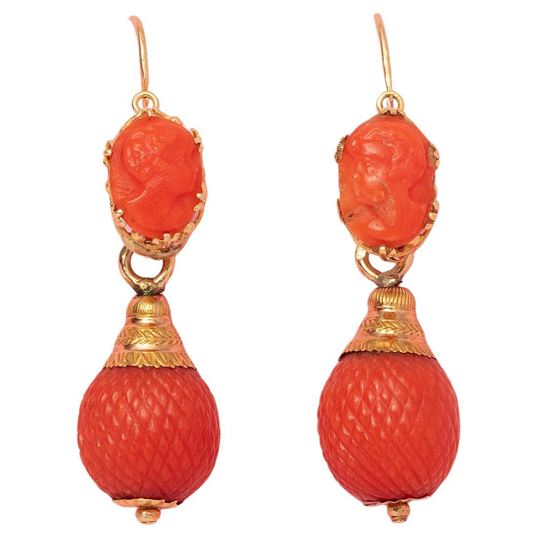 A Pair of 18 Carat Gold and Coral Gergian Day and Night Earrings For Sale