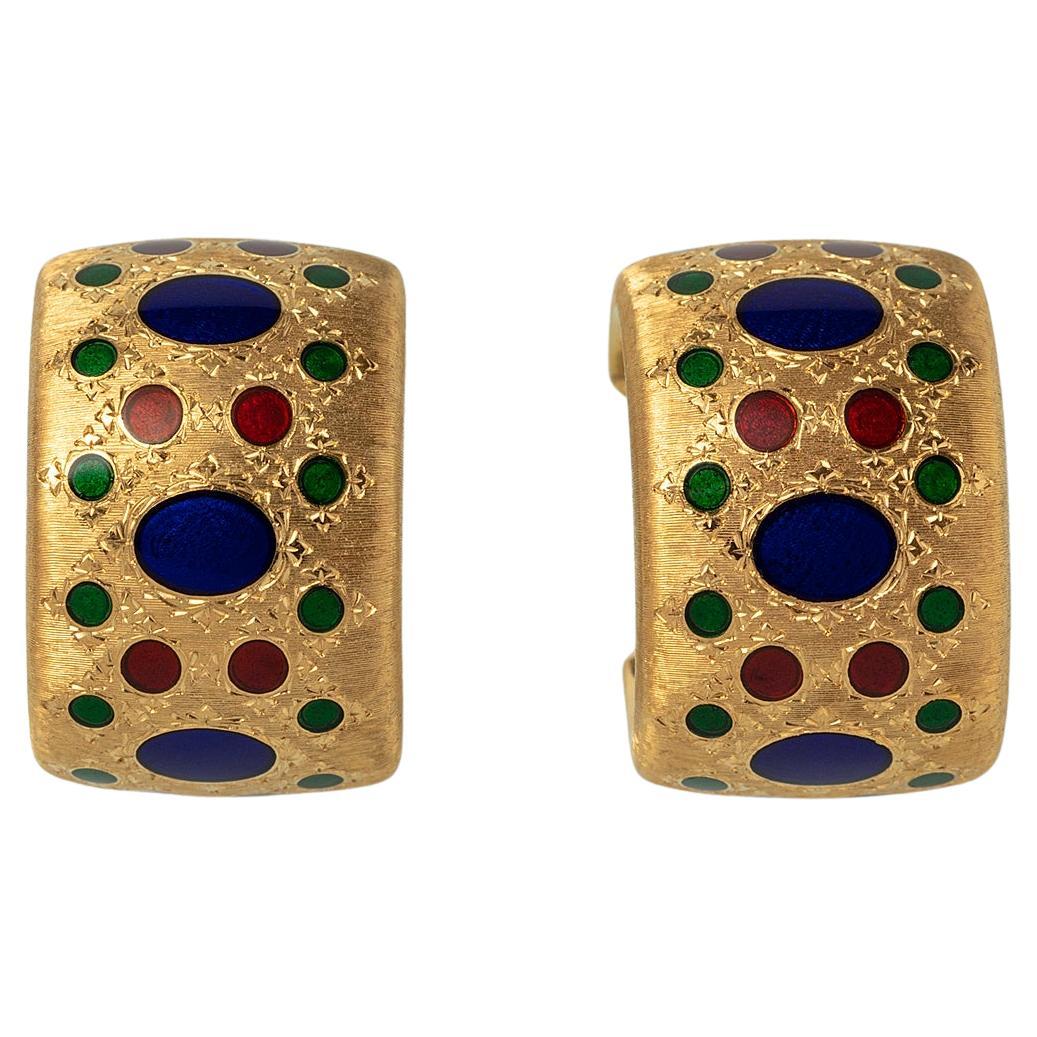 A pair of 18 Carat Gold Buccellati Ear Clips with Enamel For Sale