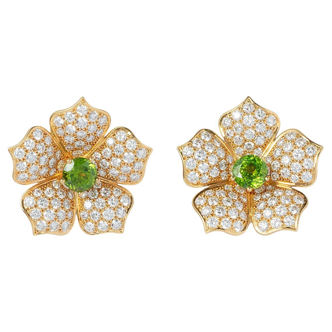 A pair of 18 Carat Gold Diamond and Demantoid Lotus Ear Clips For Sale