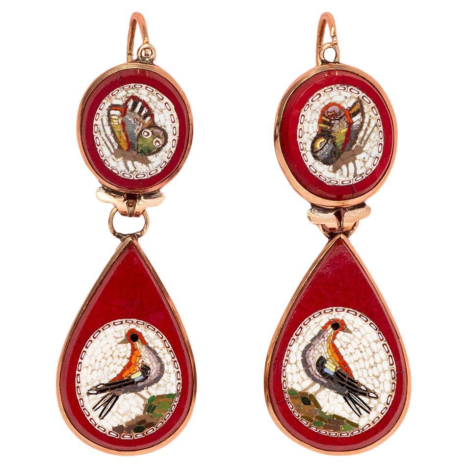A Pair of 18 Carat Gold Earrings with Micro Mosaic For Sale