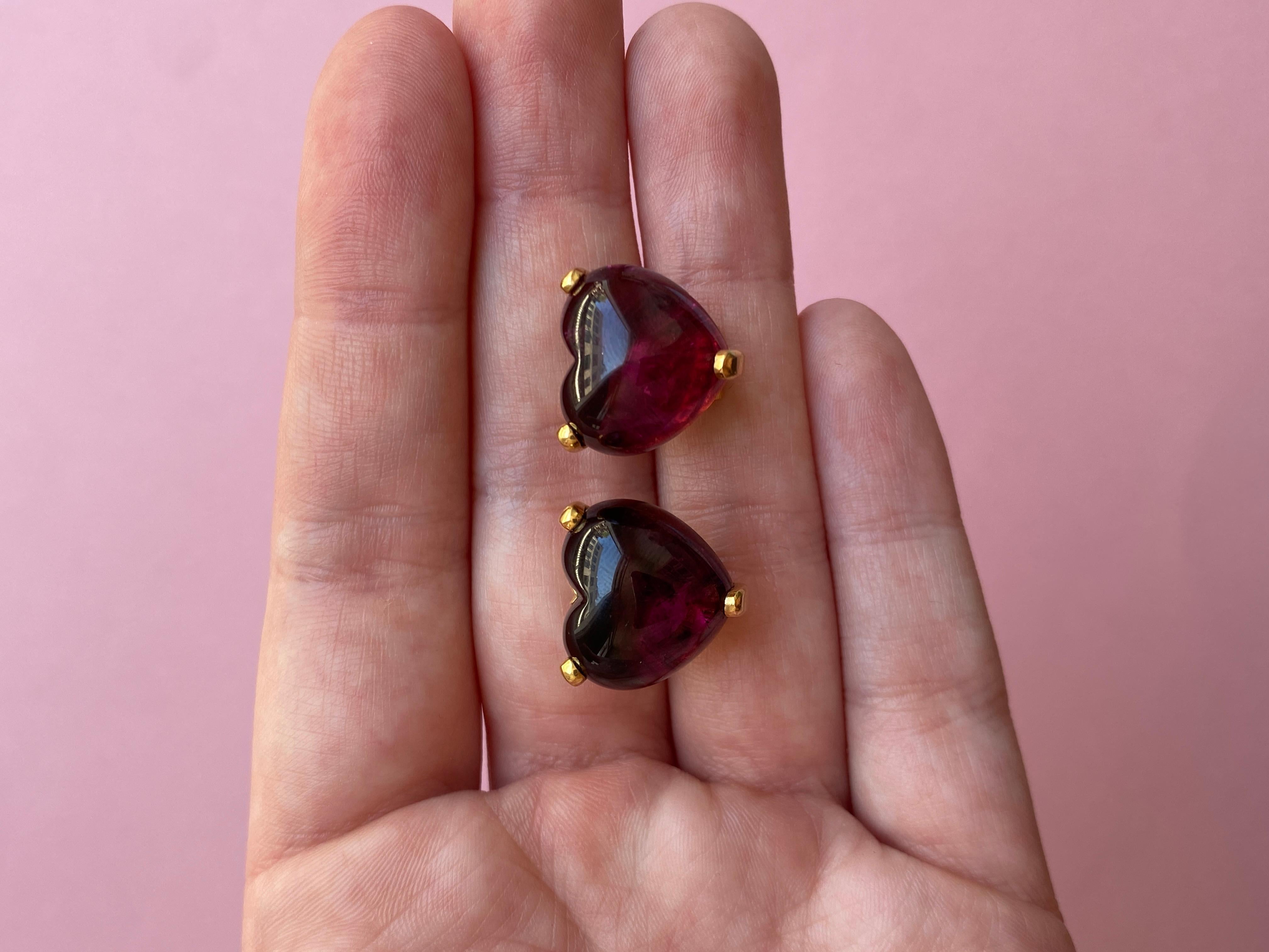 Heart Cut A Pair of 18 Carat Gold Heart Earrings with Pink Tourmalines