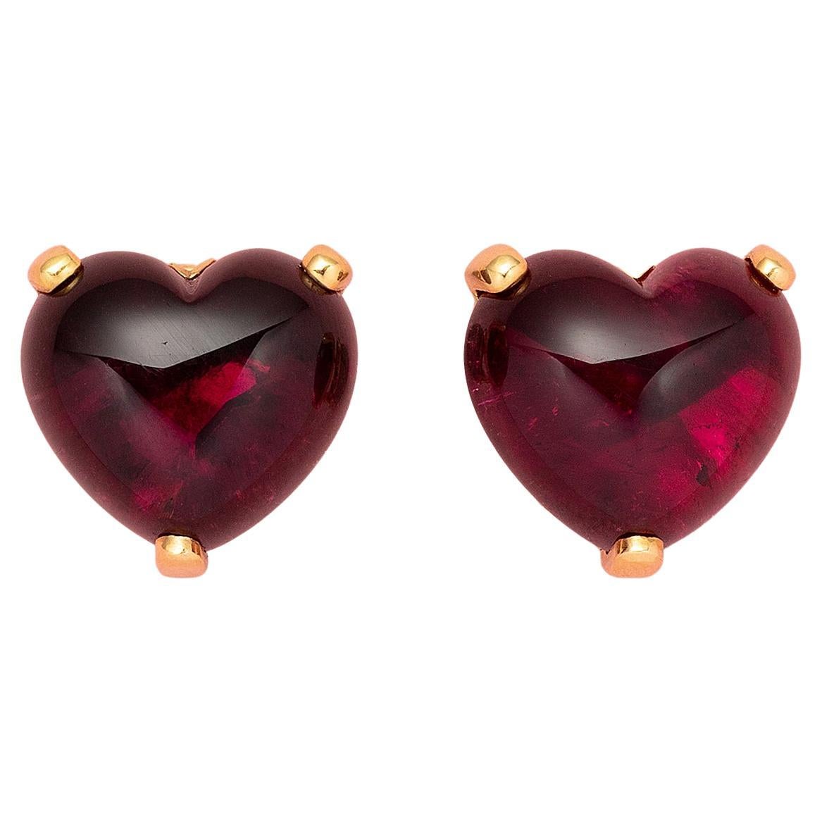 A Pair of 18 Carat Gold Heart Earrings with Pink Tourmalines
