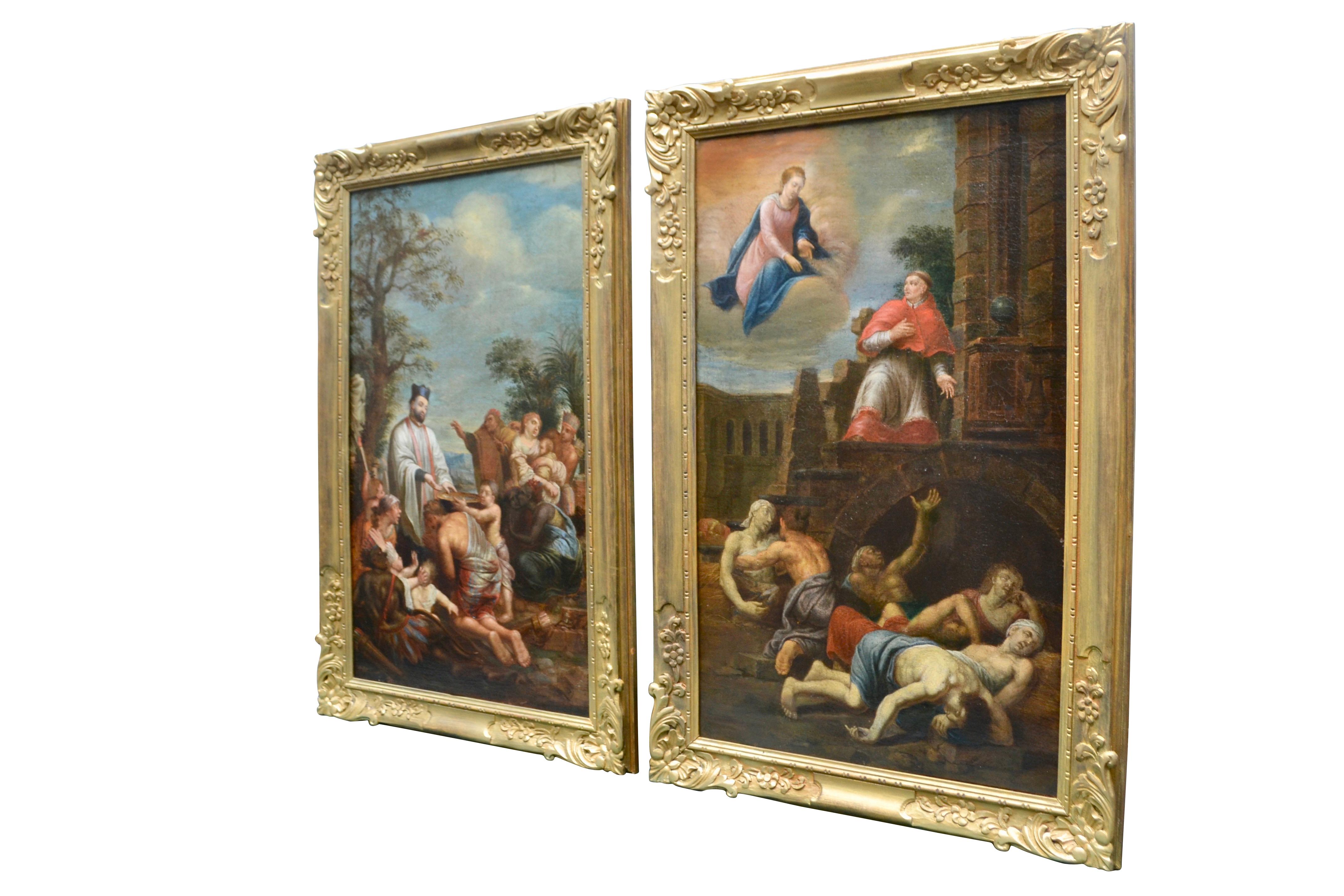 A beautifully executed and rare complementary pair of oil on canvas paintings depicting two of the moist famous and important counter reformation catholic saints St Francis Xavier and St Carlo Borromeo shown in scenes of what the respective saints