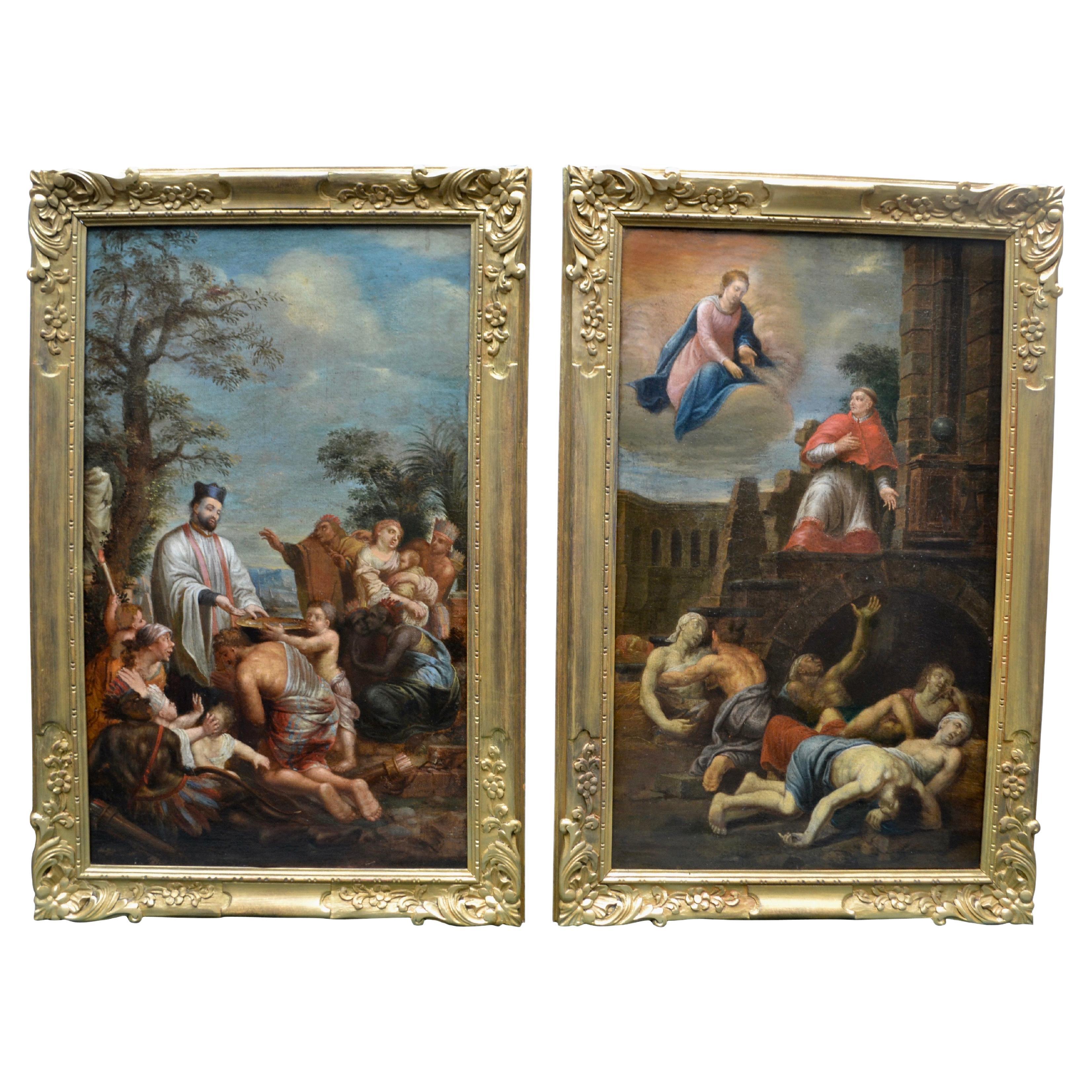 Pair of 18 Century Paintings of St Francis Xavier and St Carlo Borromeo For Sale