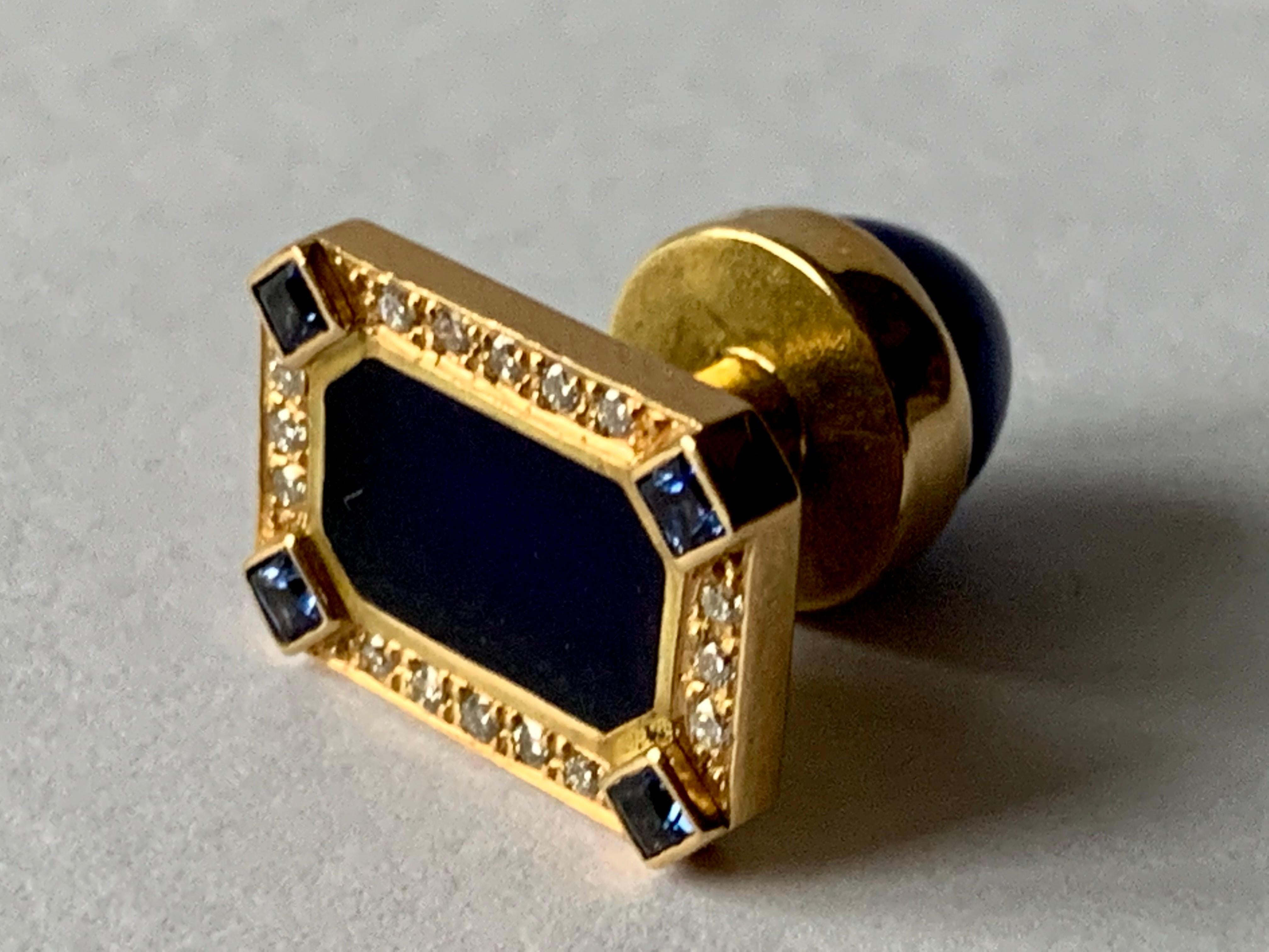 Brilliant Cut Pair of 18 K Yellow Gold Lapis Sapphire Diamond Enamel Cufflinks For Sale