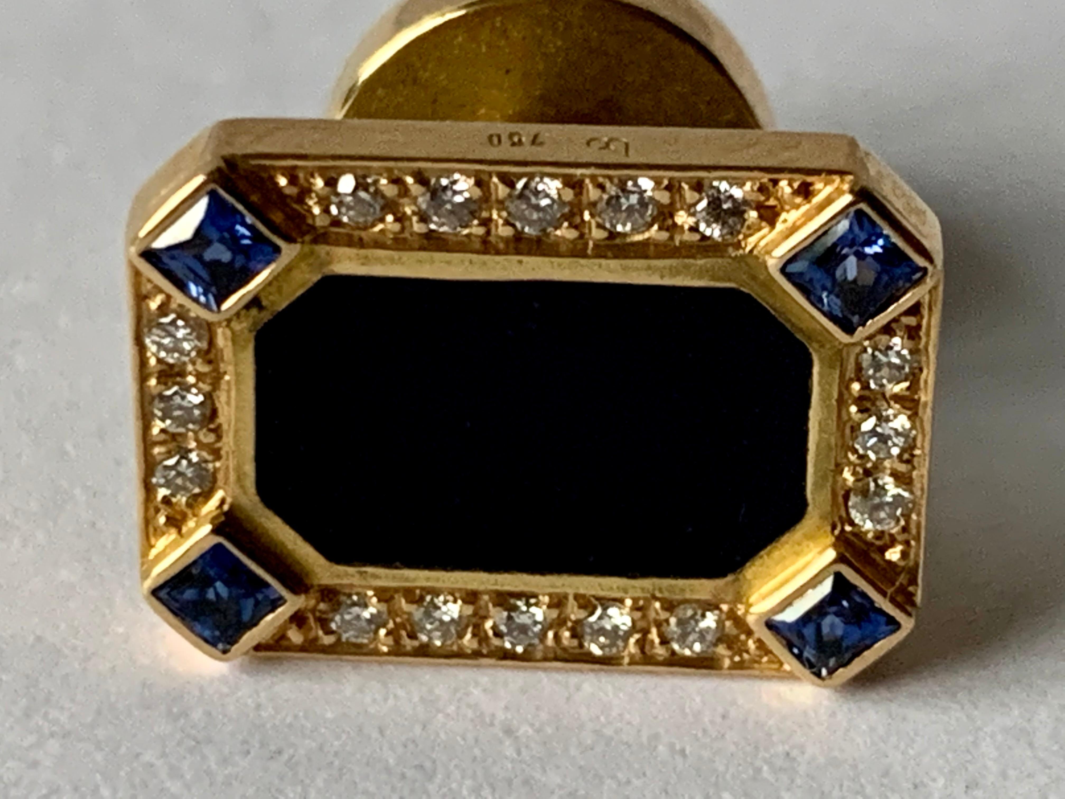 Pair of 18 K Yellow Gold Lapis Sapphire Diamond Enamel Cufflinks For Sale 1
