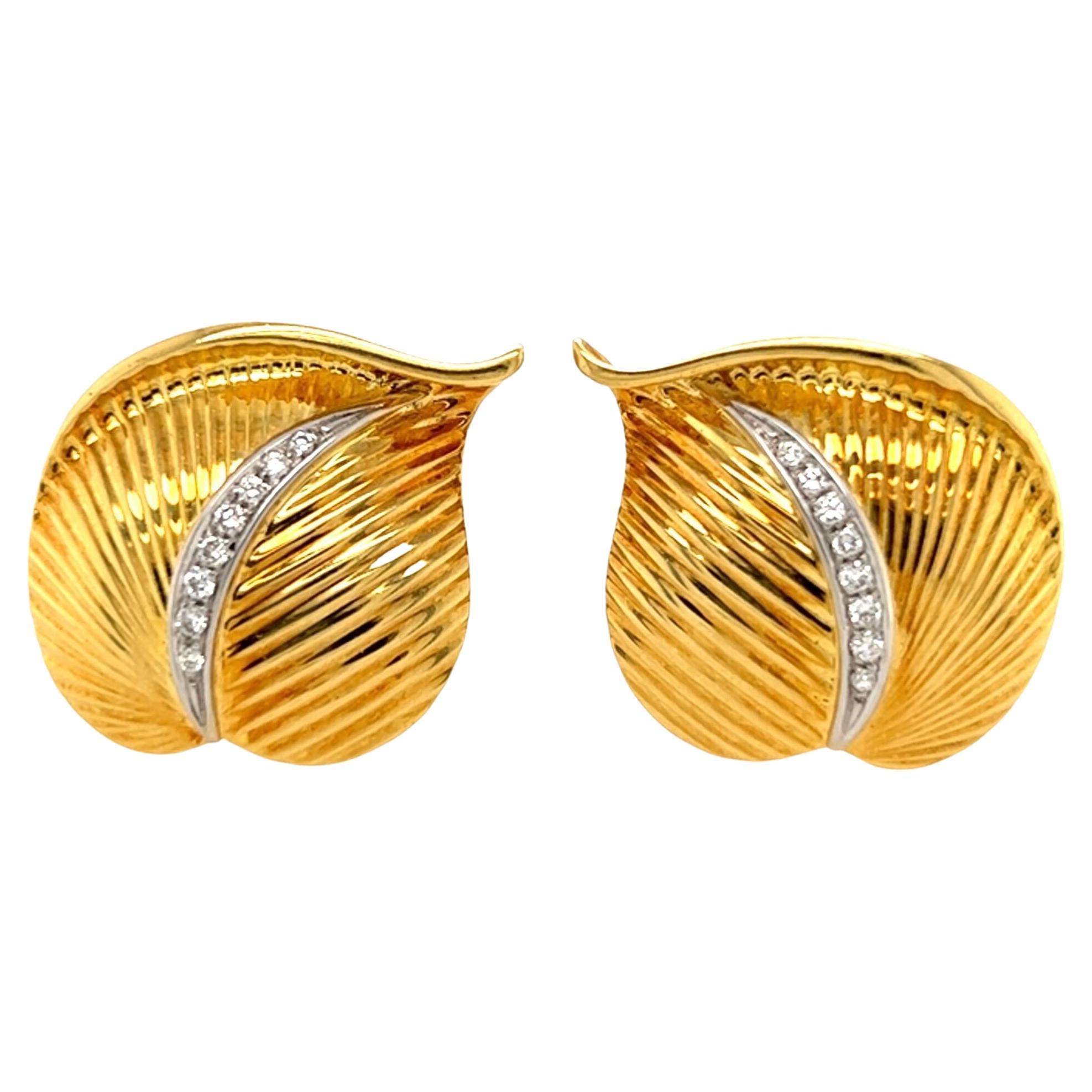 Pair of 18 Karat Yellow Gold and Diamond Leaf Earrings For Sale