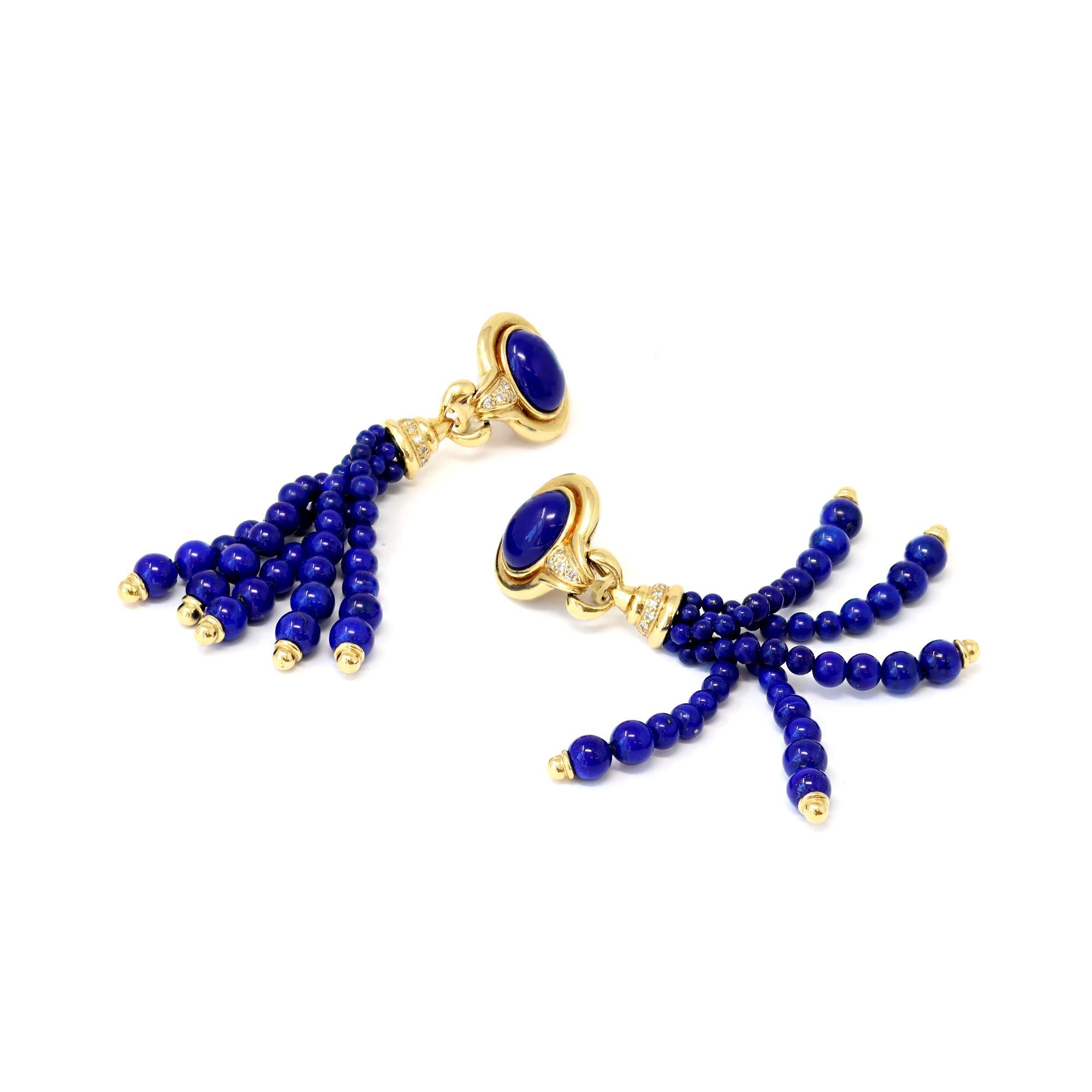 Modern Pair of 18 Karat Yellow Gold Lapis Lazuli Tassel Bead Ear-Clips For Sale