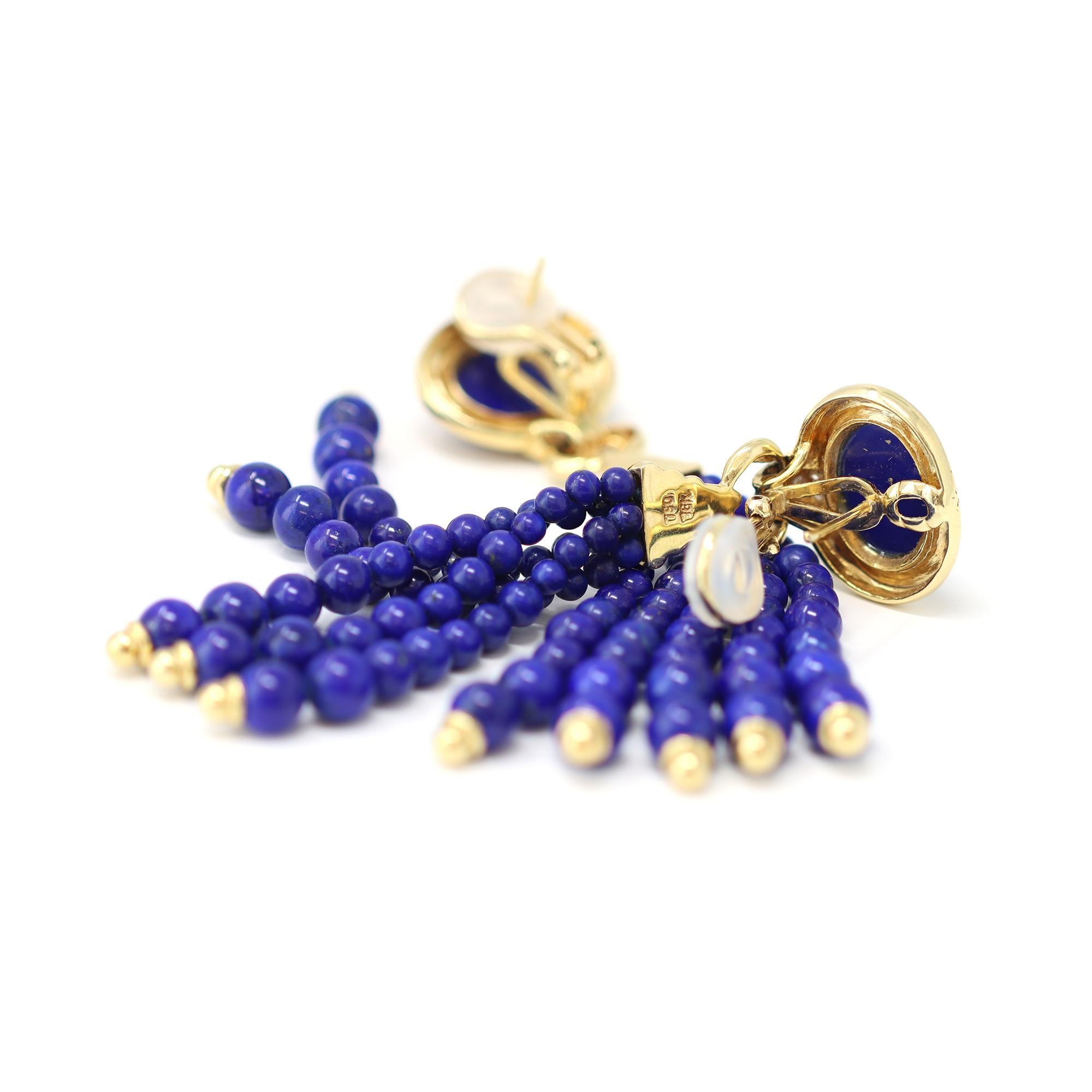 Pair of 18 Karat Yellow Gold Lapis Lazuli Tassel Bead Ear-Clips In Excellent Condition For Sale In Miami, FL