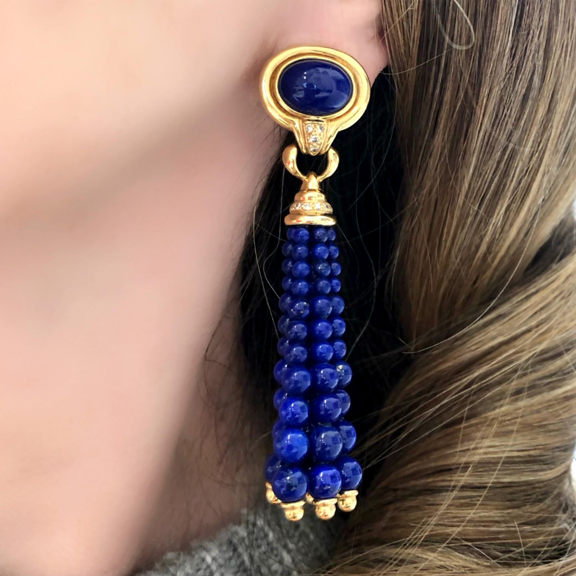 Women's Pair of 18 Karat Yellow Gold Lapis Lazuli Tassel Bead Ear-Clips For Sale