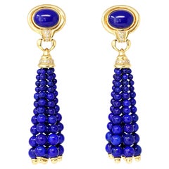 Pair of 18 Karat Yellow Gold Lapis Lazuli Tassel Bead Ear-Clips